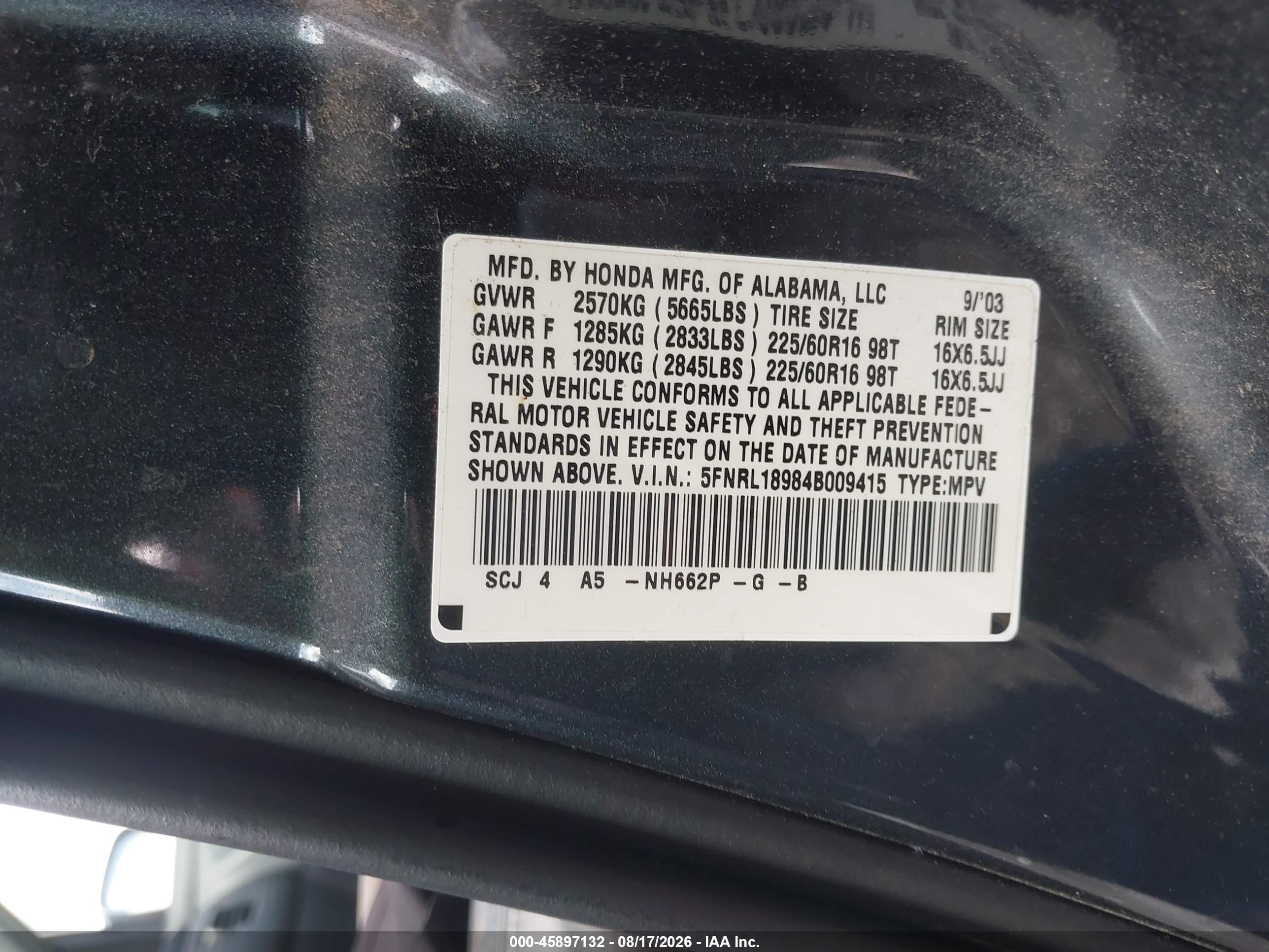 2004 Honda Odyssey Ex-l Green vin: 5FNRL18984B009415