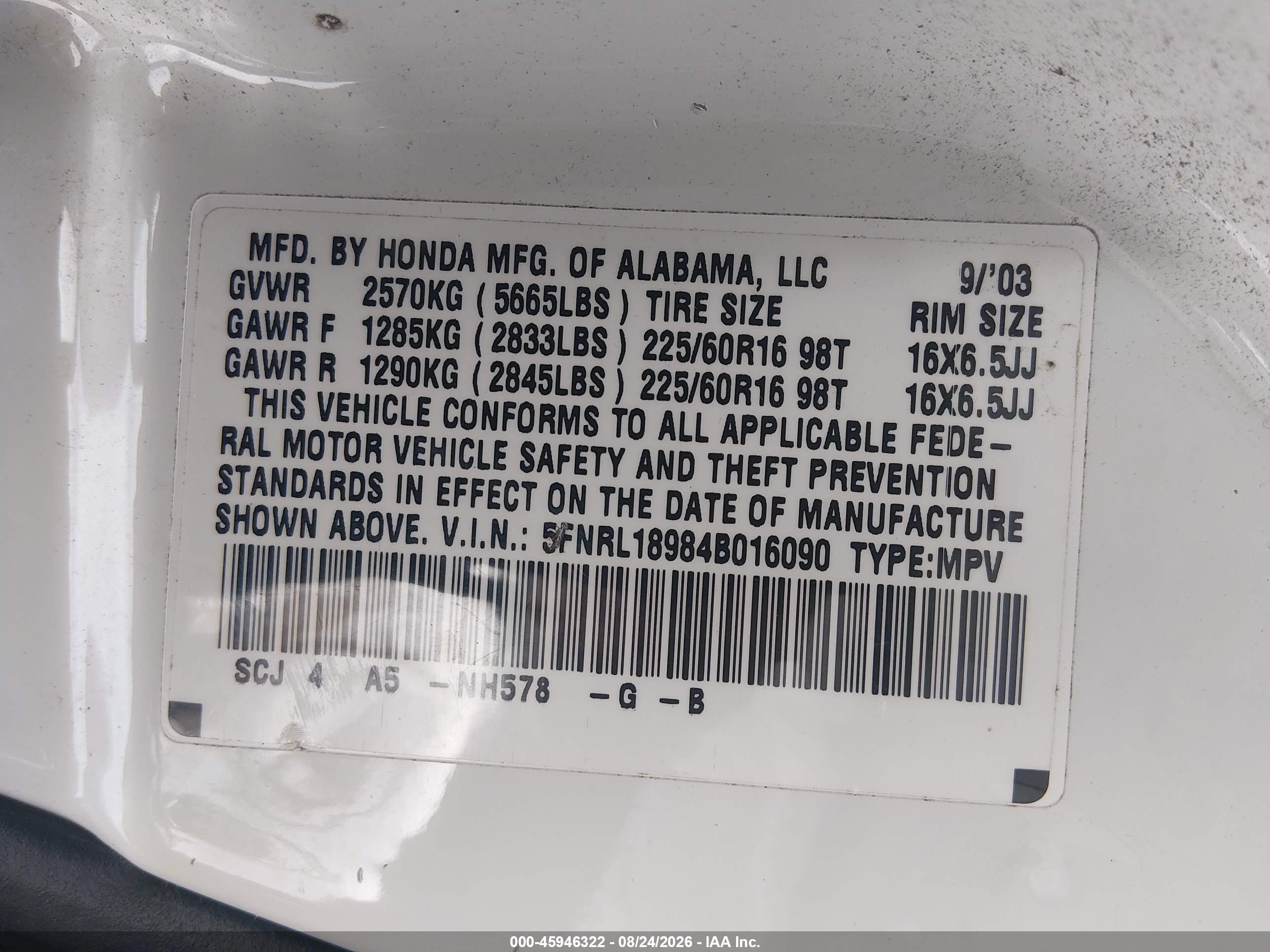 2004 Honda Odyssey Ex-l White vin: 5FNRL18984B016090