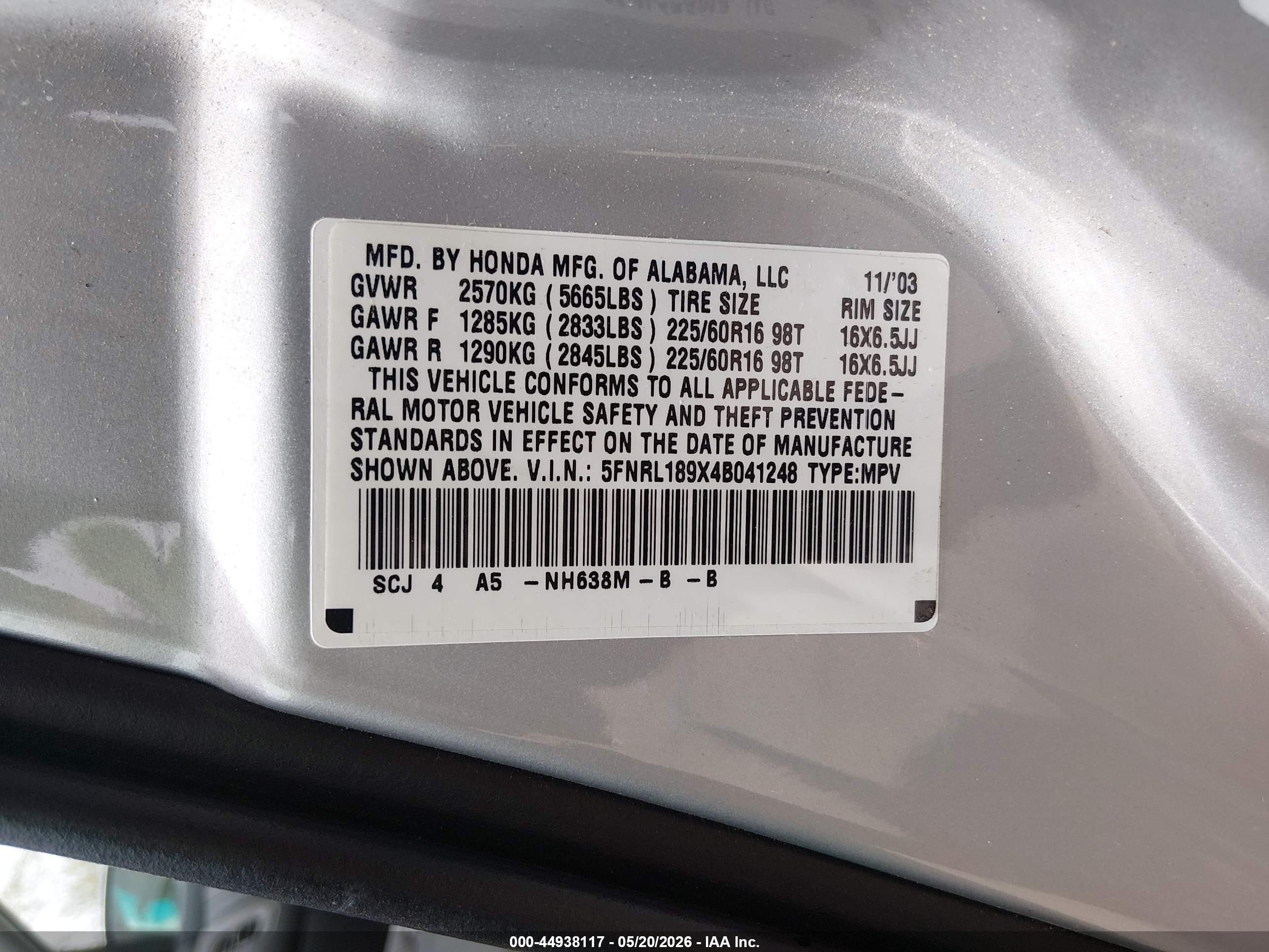 2004 Honda Odyssey Ex-l Silver vin: 5FNRL189X4B041248