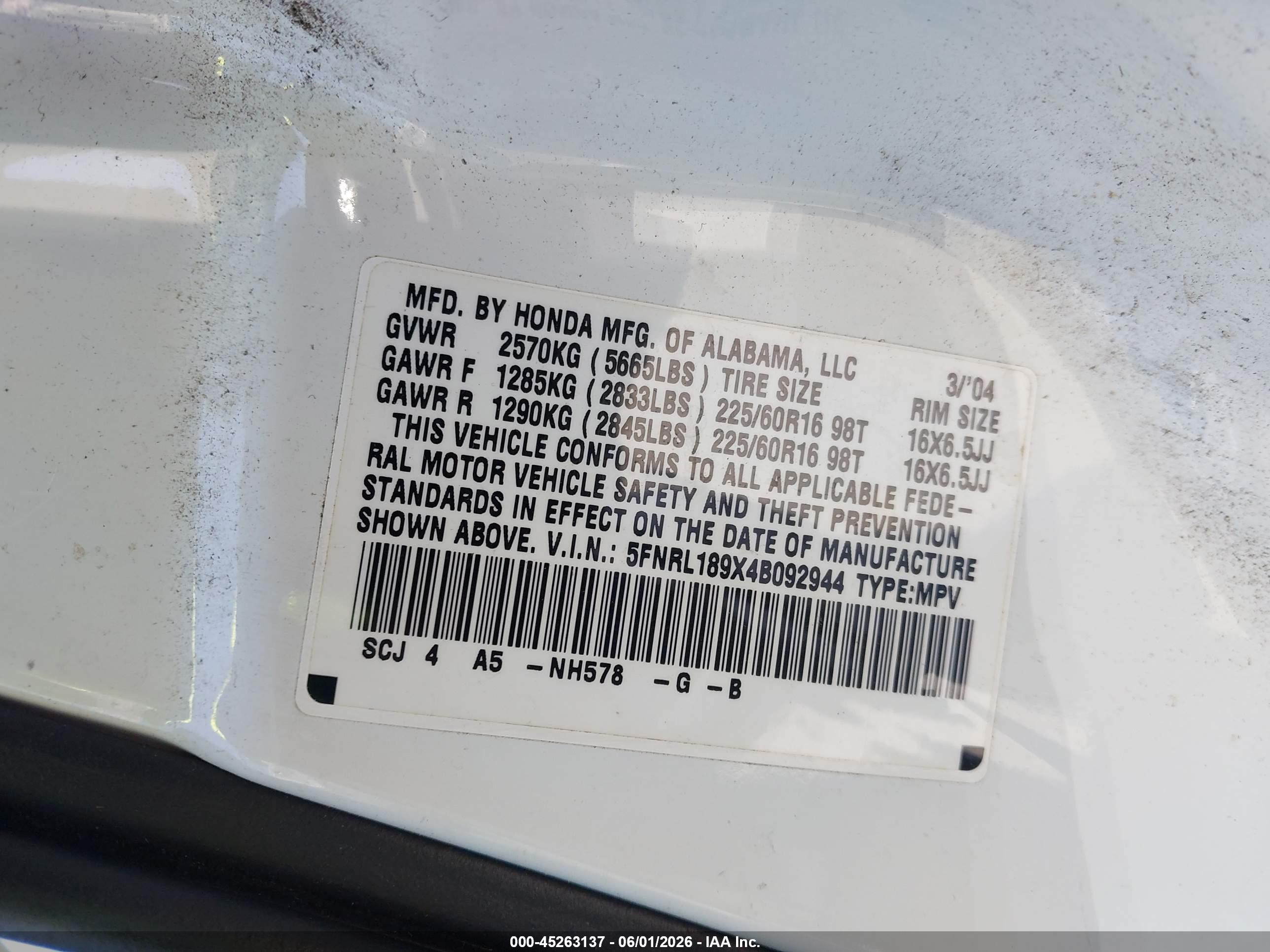 2004 Honda Odyssey Ex-l White vin: 5FNRL189X4B092944