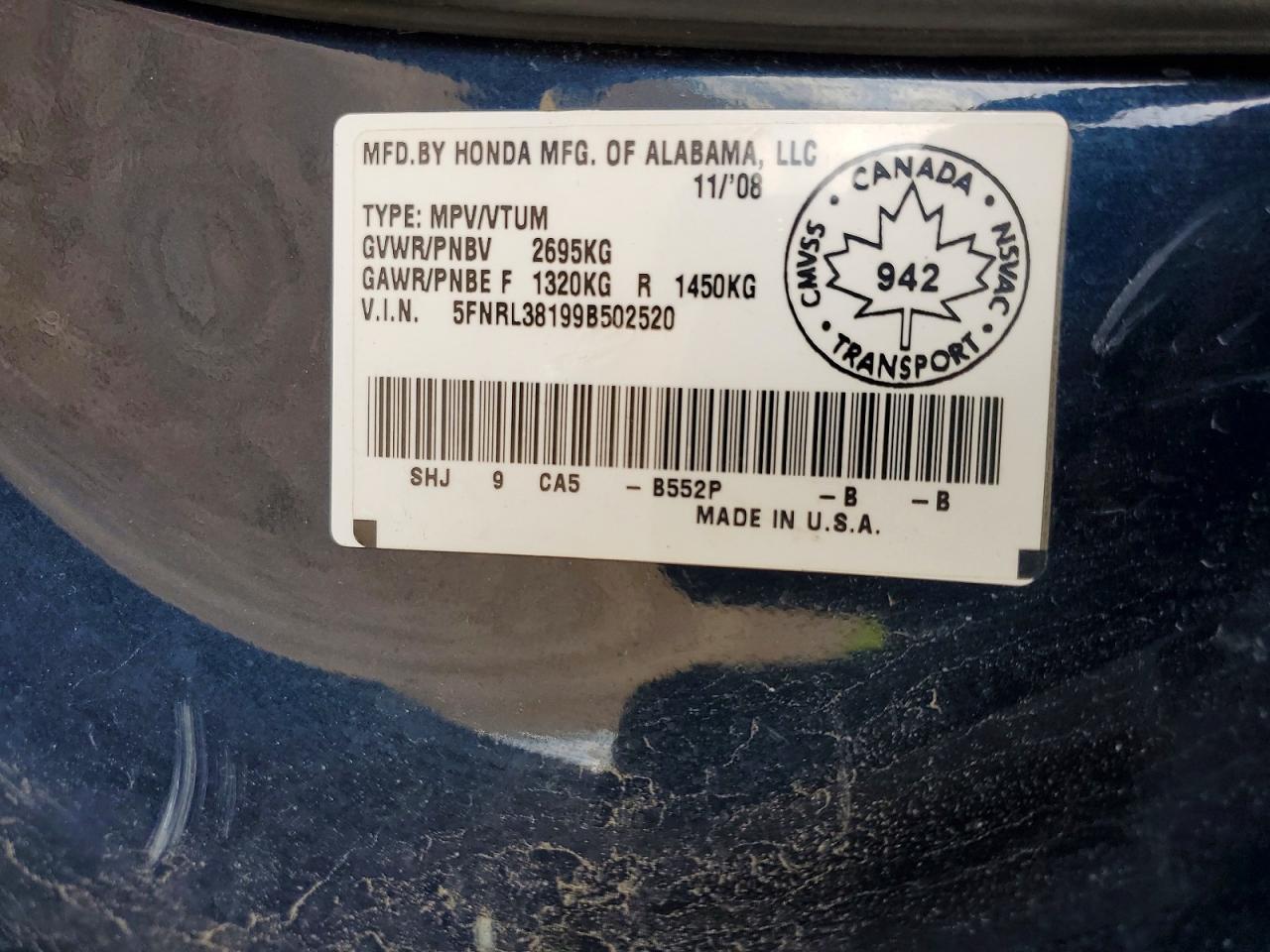 2009 Honda Odyssey Lx Blue vin: 5FNRL38199B502520