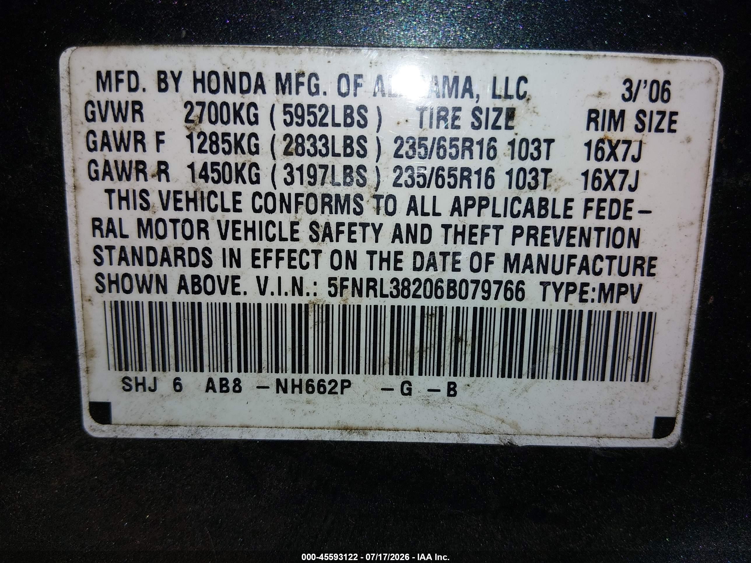 2006 Honda Odyssey Lx Gray vin: 5FNRL38206B079766