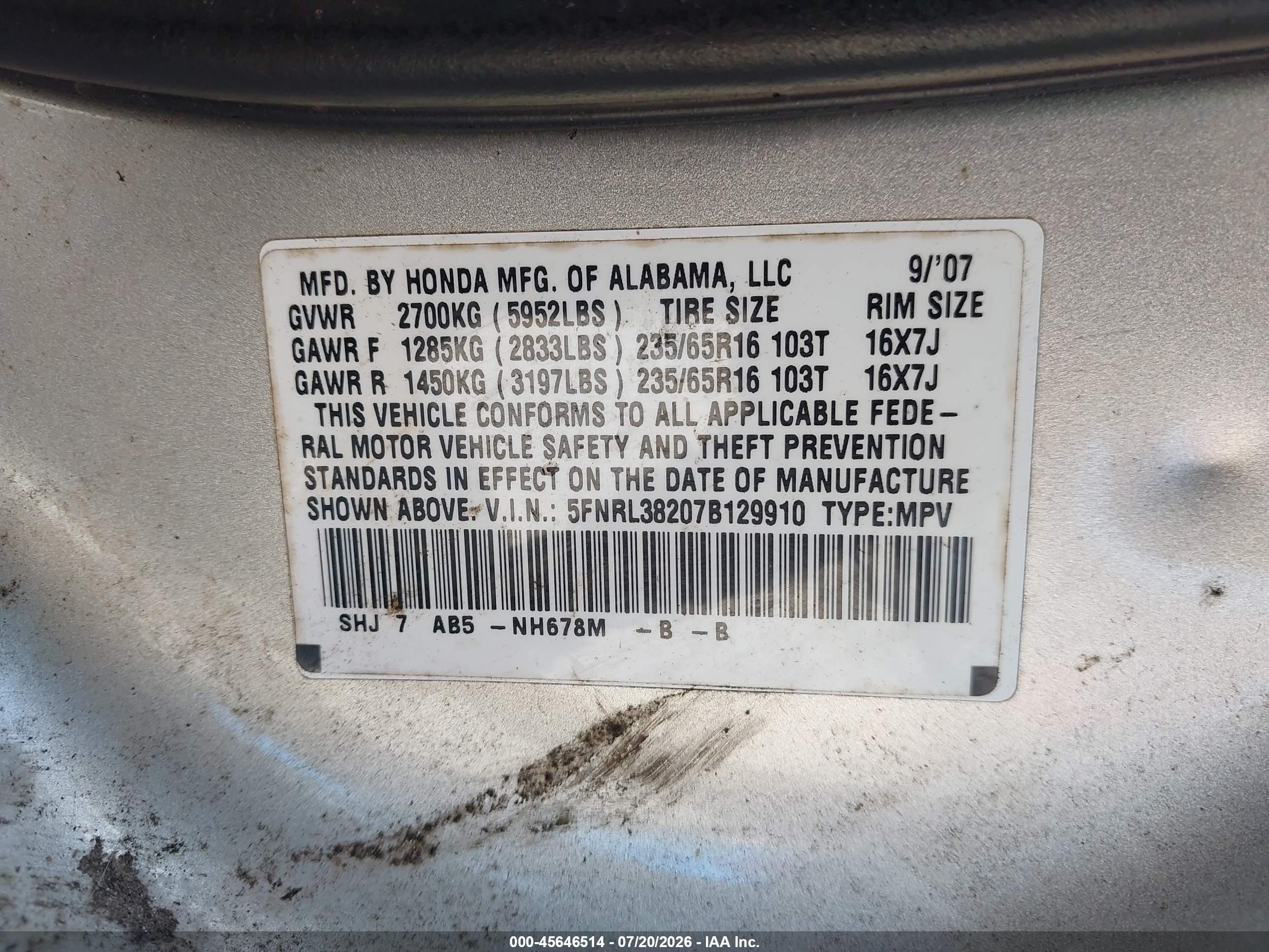 2007 Honda Odyssey Lx Silver vin: 5FNRL38207B129910