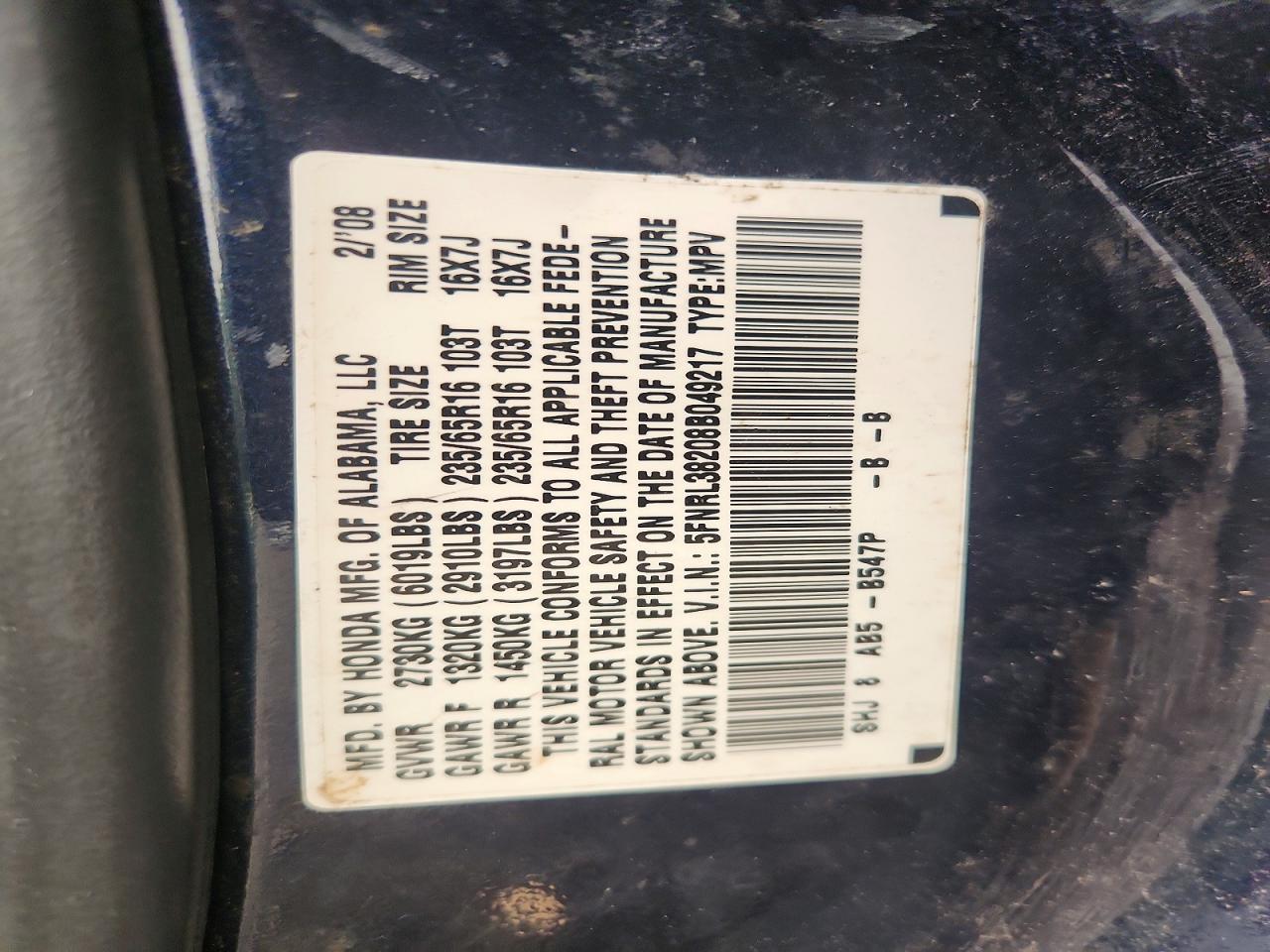2008 Honda Odyssey Lx Blue vin: 5FNRL38208B049217
