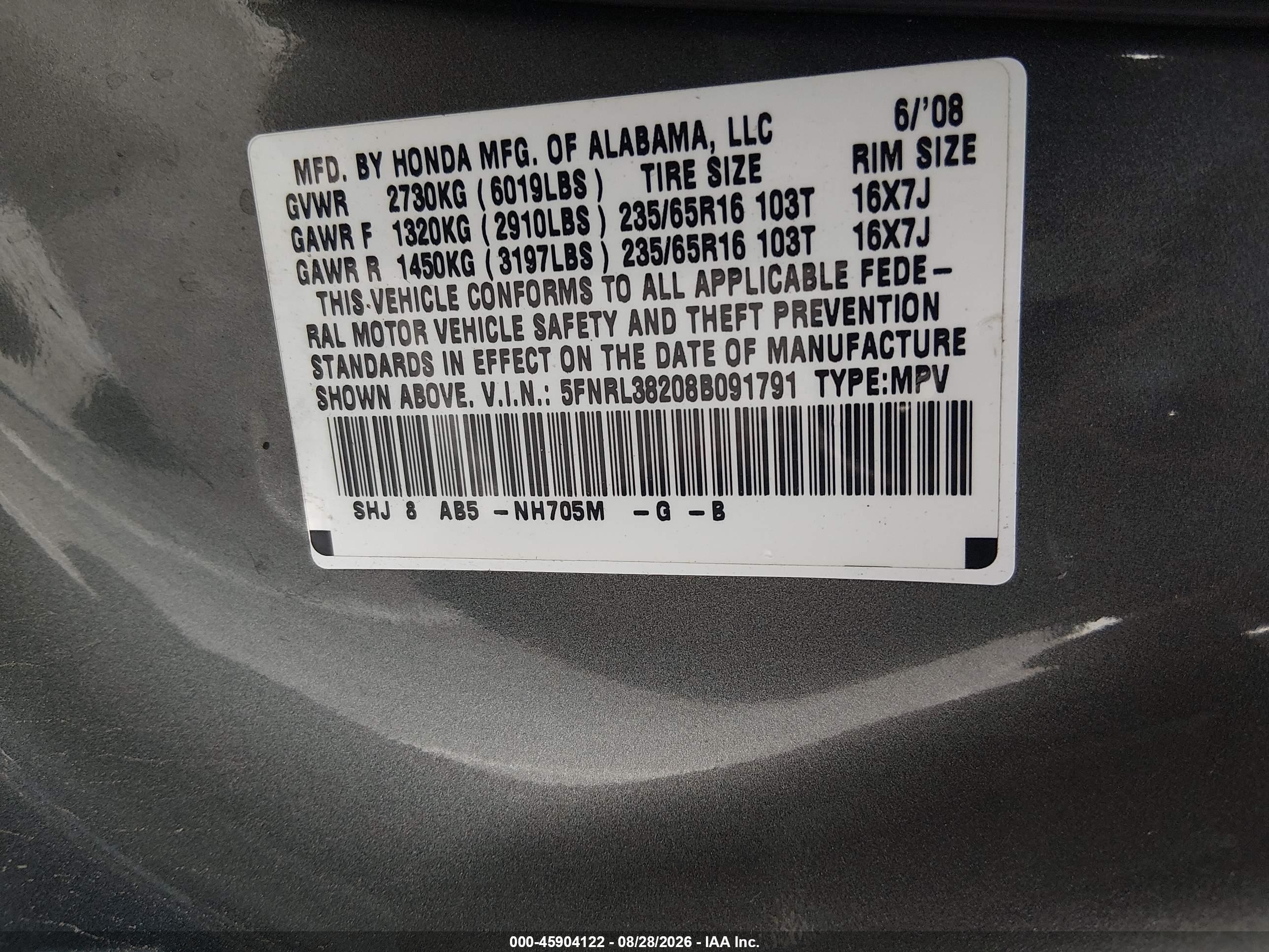 2008 Honda Odyssey Lx Gray vin: 5FNRL38208B091791