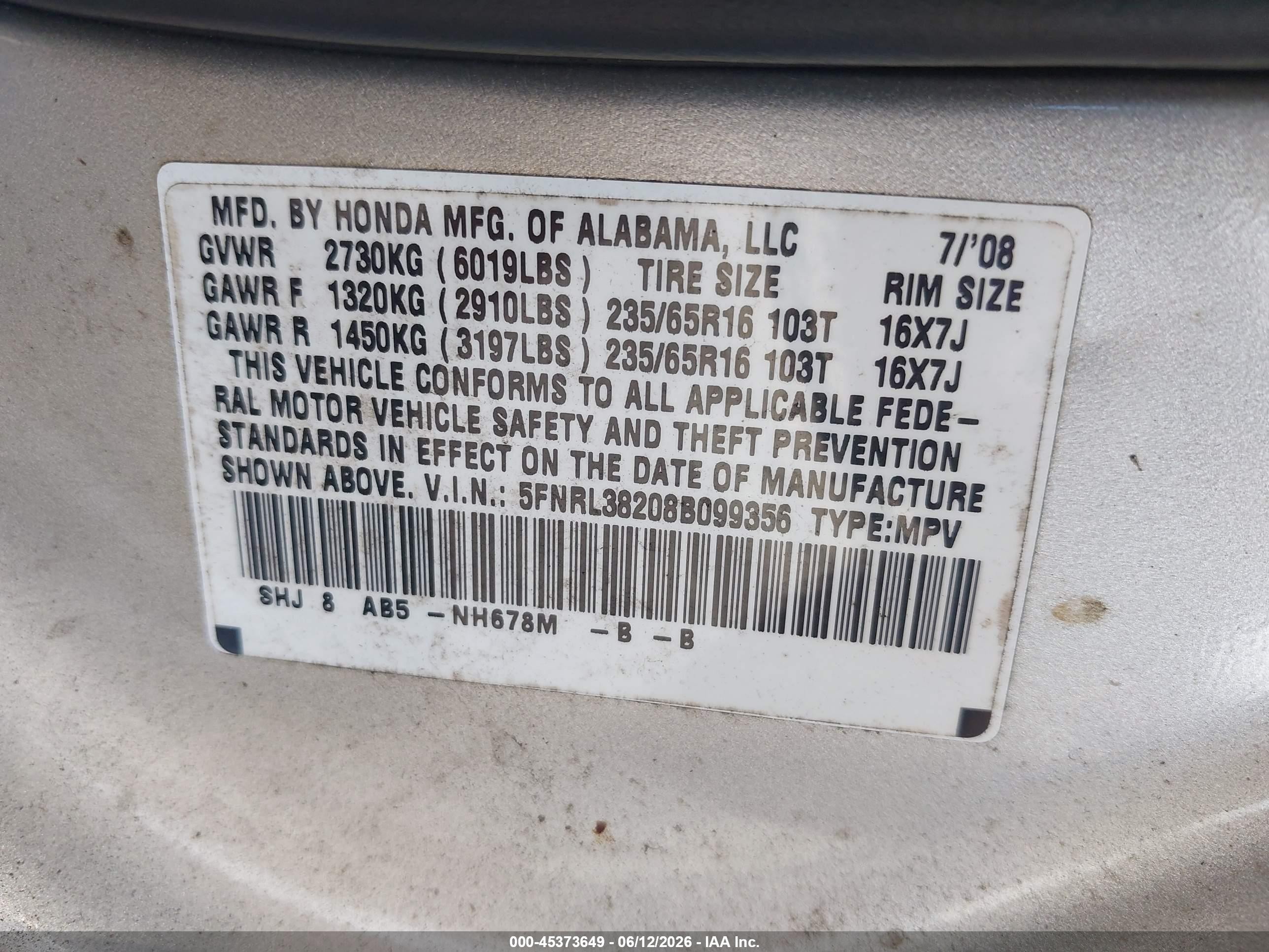 2008 Honda Odyssey Lx Серый vin: 5FNRL38208B099356
