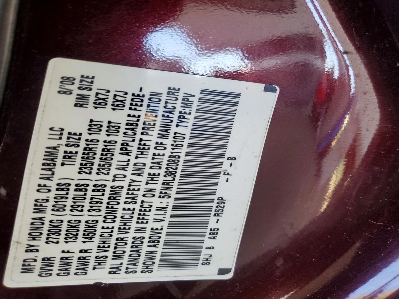 2008 Honda Odyssey Lx Maroon vin: 5FNRL38208B116107