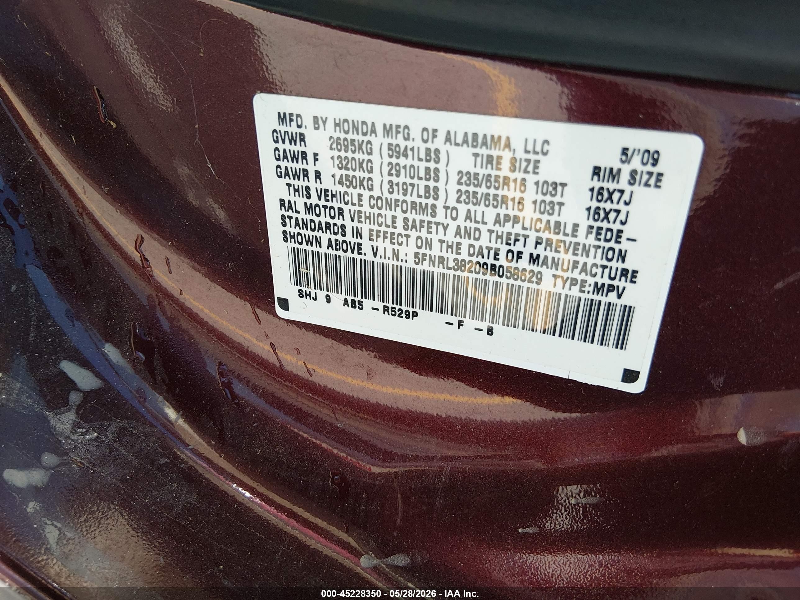2009 Honda Odyssey Lx Maroon vin: 5FNRL38209B058629