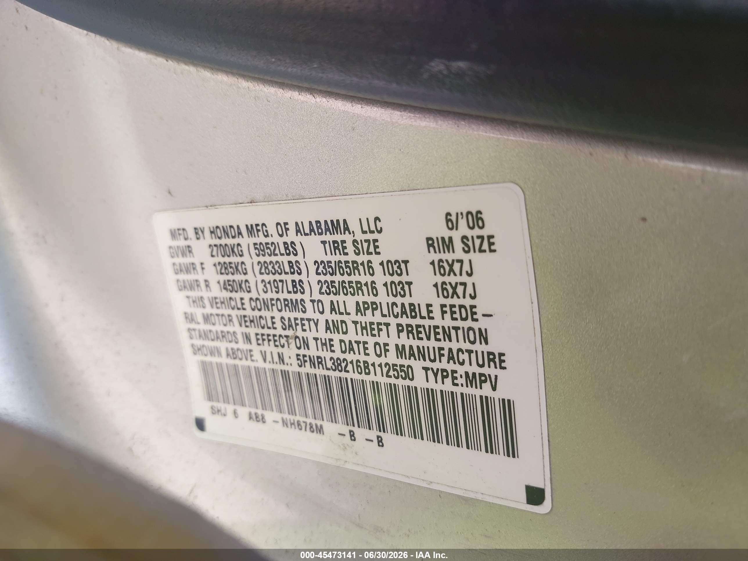2006 Honda Odyssey Lx Silver vin: 5FNRL38216B112550