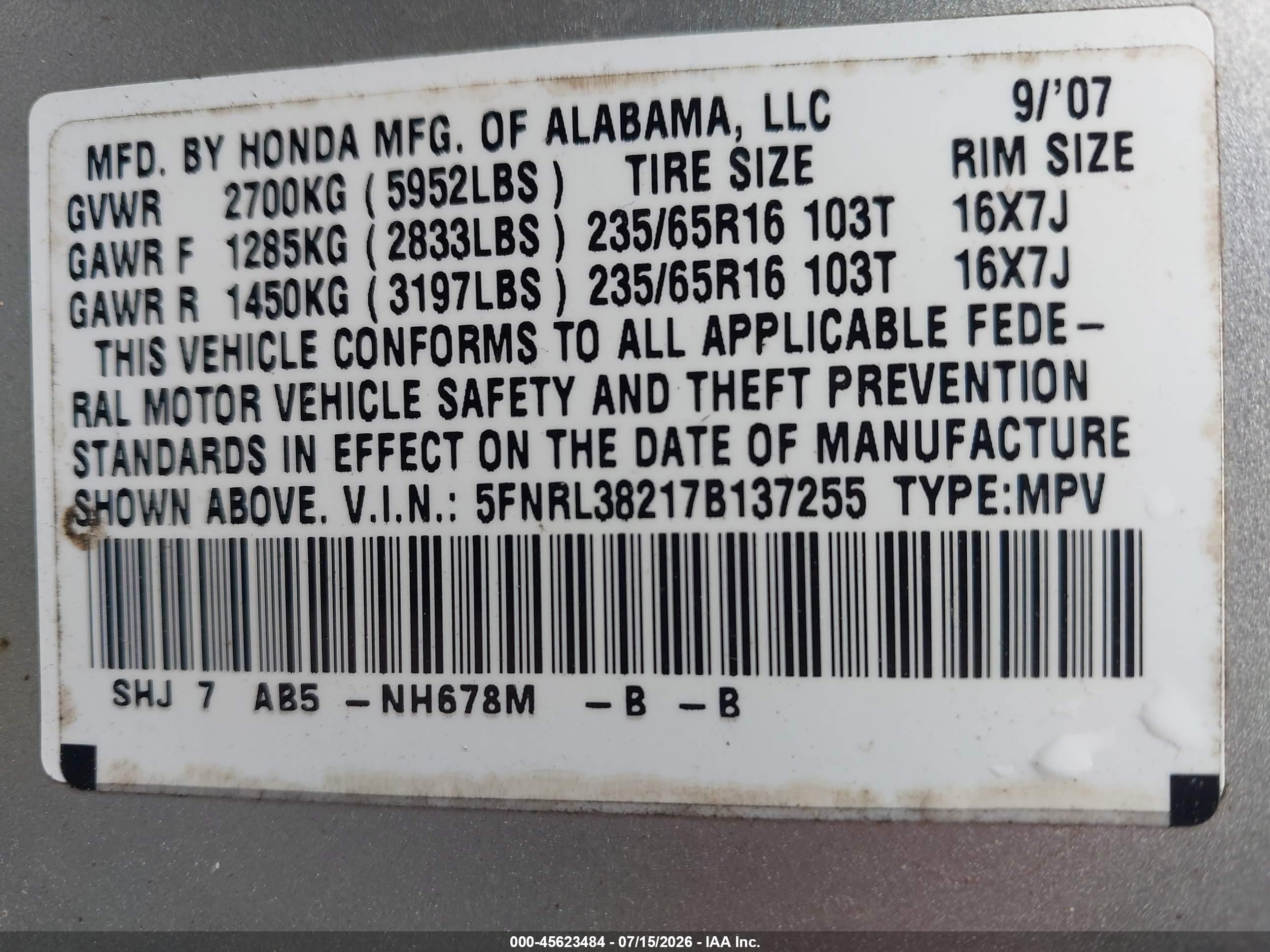 2007 Honda Odyssey Lx Silver vin: 5FNRL38217B137255