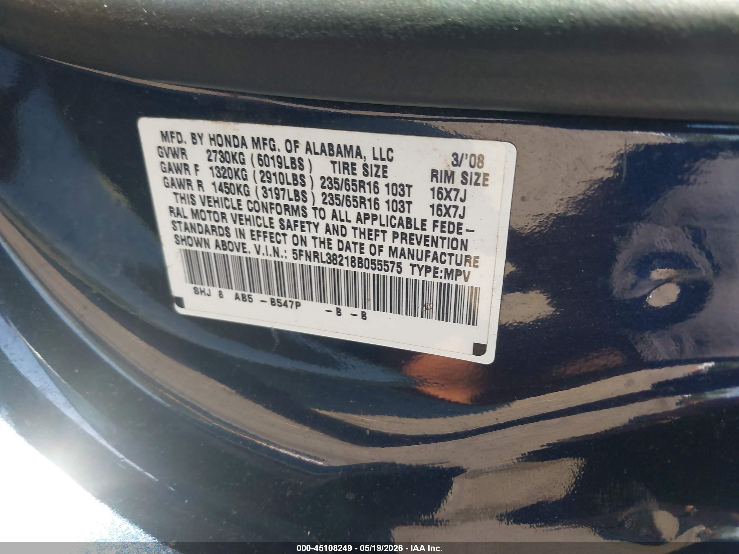2008 Honda Odyssey Lx Blue vin: 5FNRL38218B055575