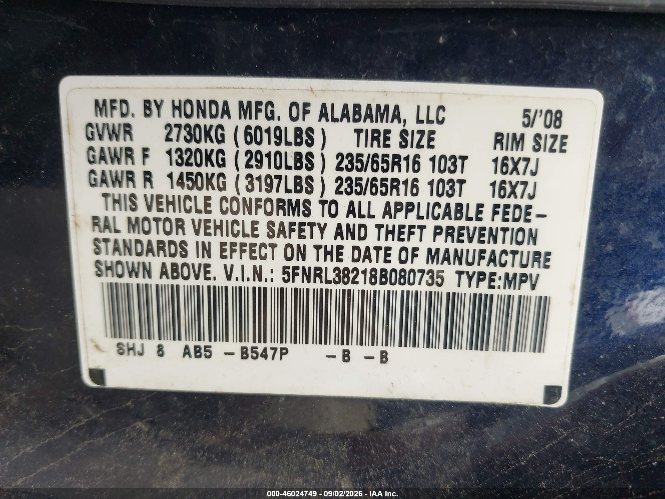 2008 Honda Odyssey Lx Blue vin: 5FNRL38218B080735
