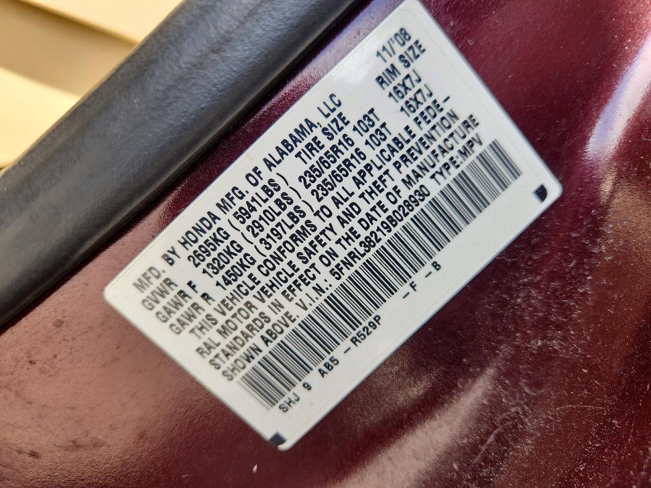 2009 Honda Odyssey Lx Maroon vin: 5FNRL38219B028930