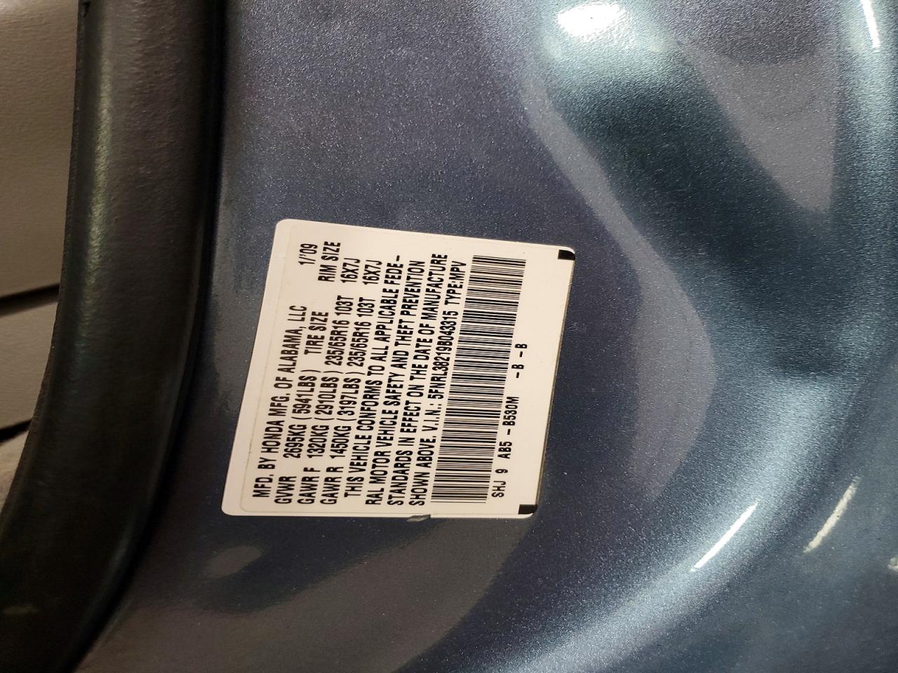2009 Honda Odyssey Lx Blue vin: 5FNRL38219B043315