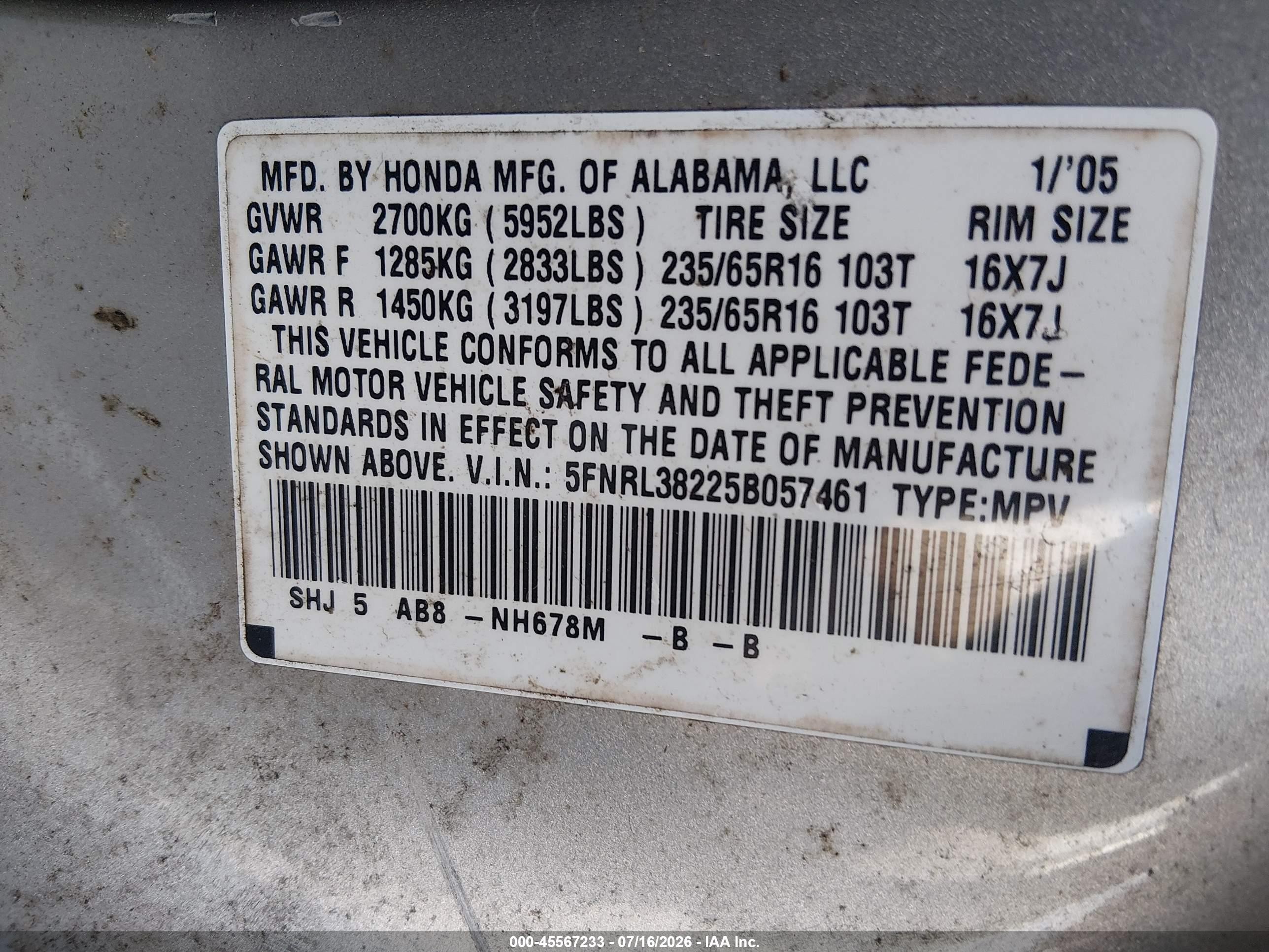2005 Honda Odyssey Lx Beige vin: 5FNRL38225B057461