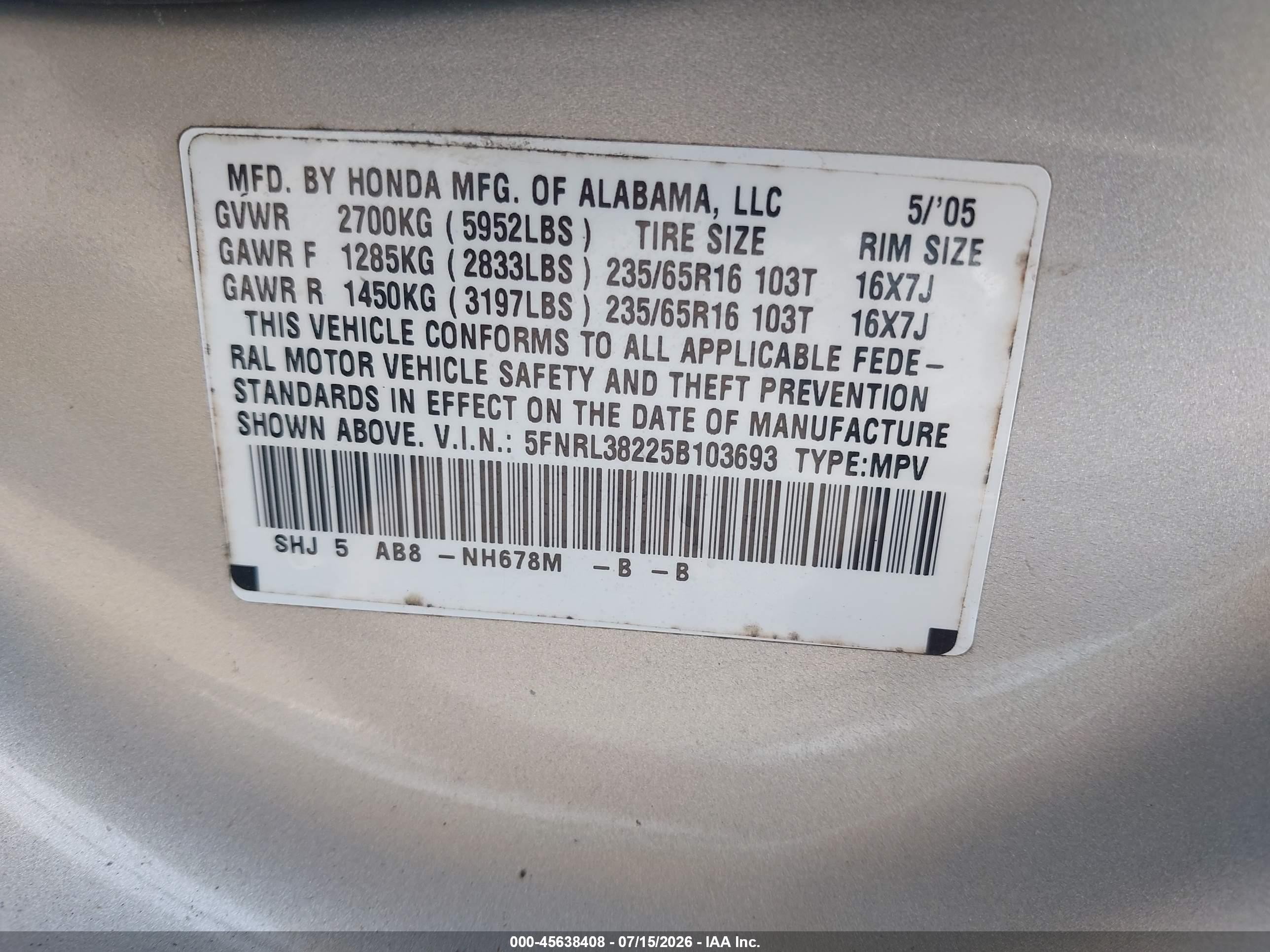2005 Honda Odyssey Lx Silver vin: 5FNRL38225B103693