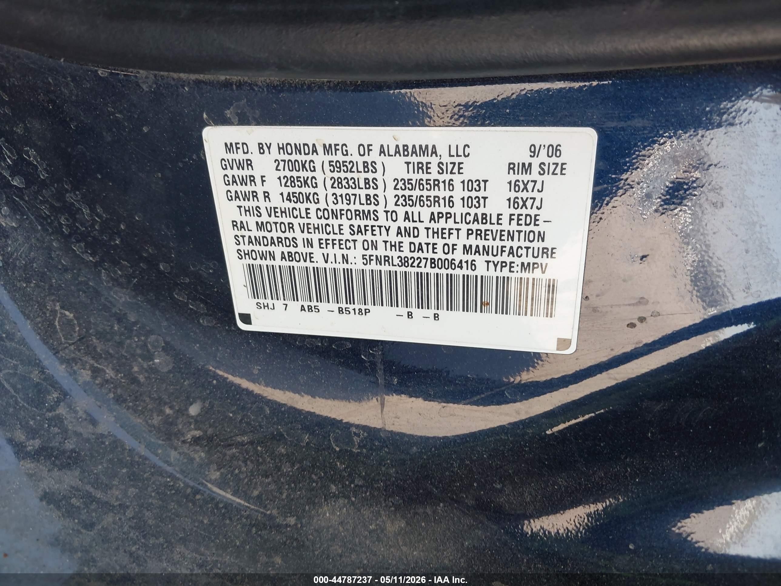 2007 Honda Odyssey Lx Blue vin: 5FNRL38227B006416