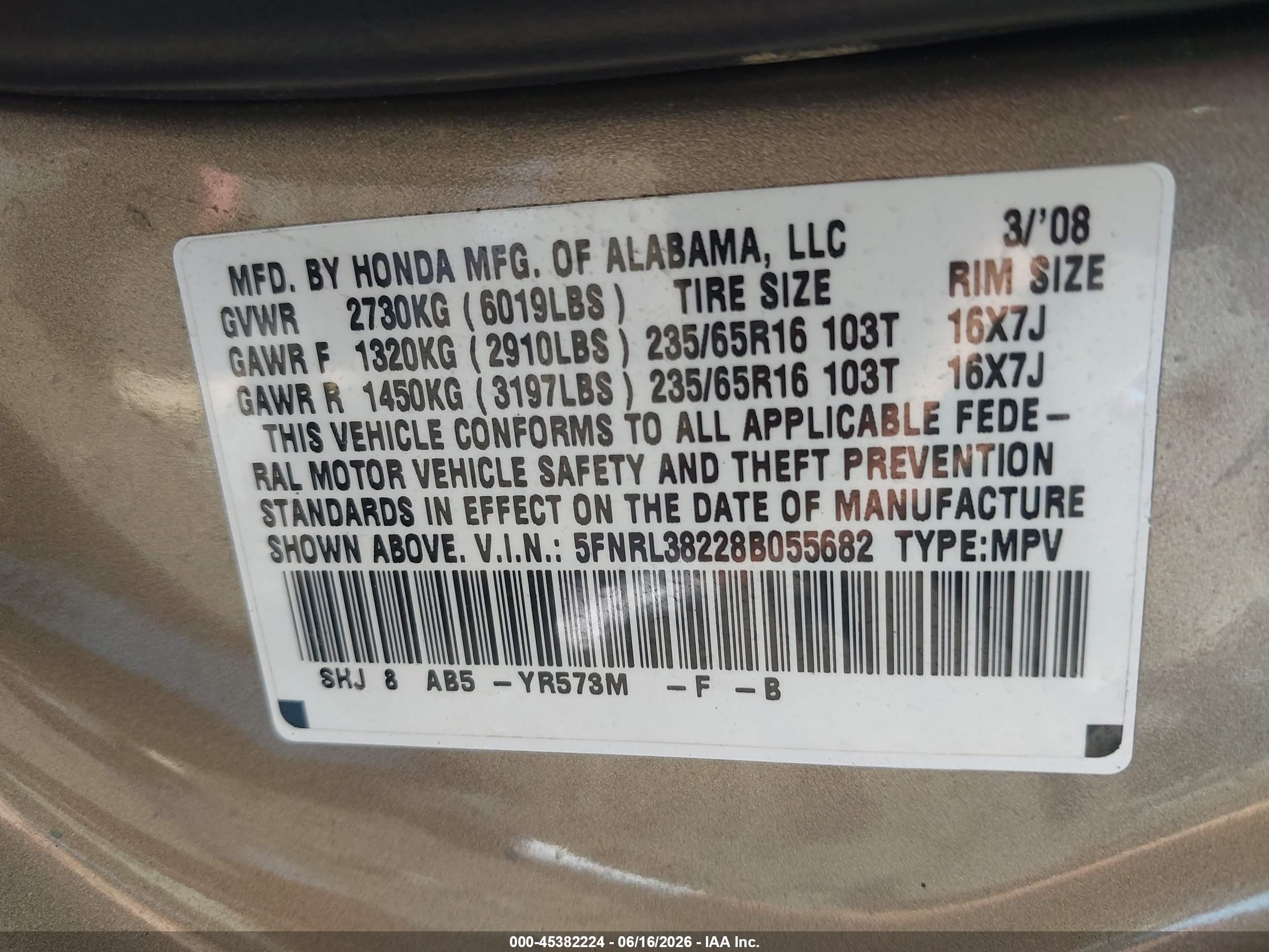 2008 Honda Odyssey Lx Beige vin: 5FNRL38228B055682