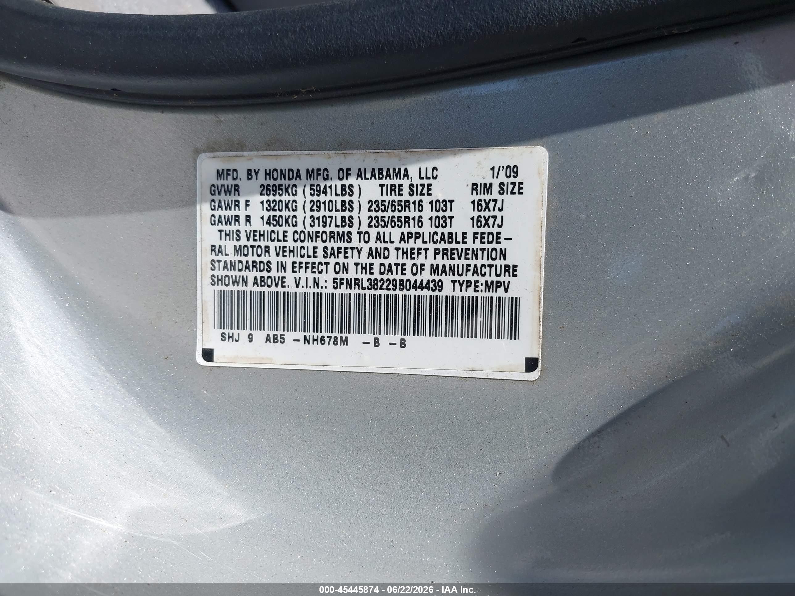 2009 Honda Odyssey Lx Yellow vin: 5FNRL38229B044439