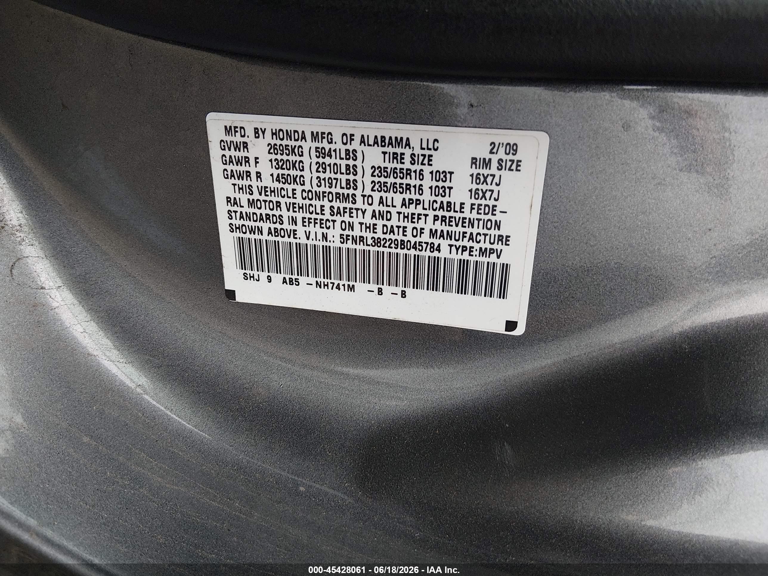 2009 Honda Odyssey Lx Gray vin: 5FNRL38229B045784