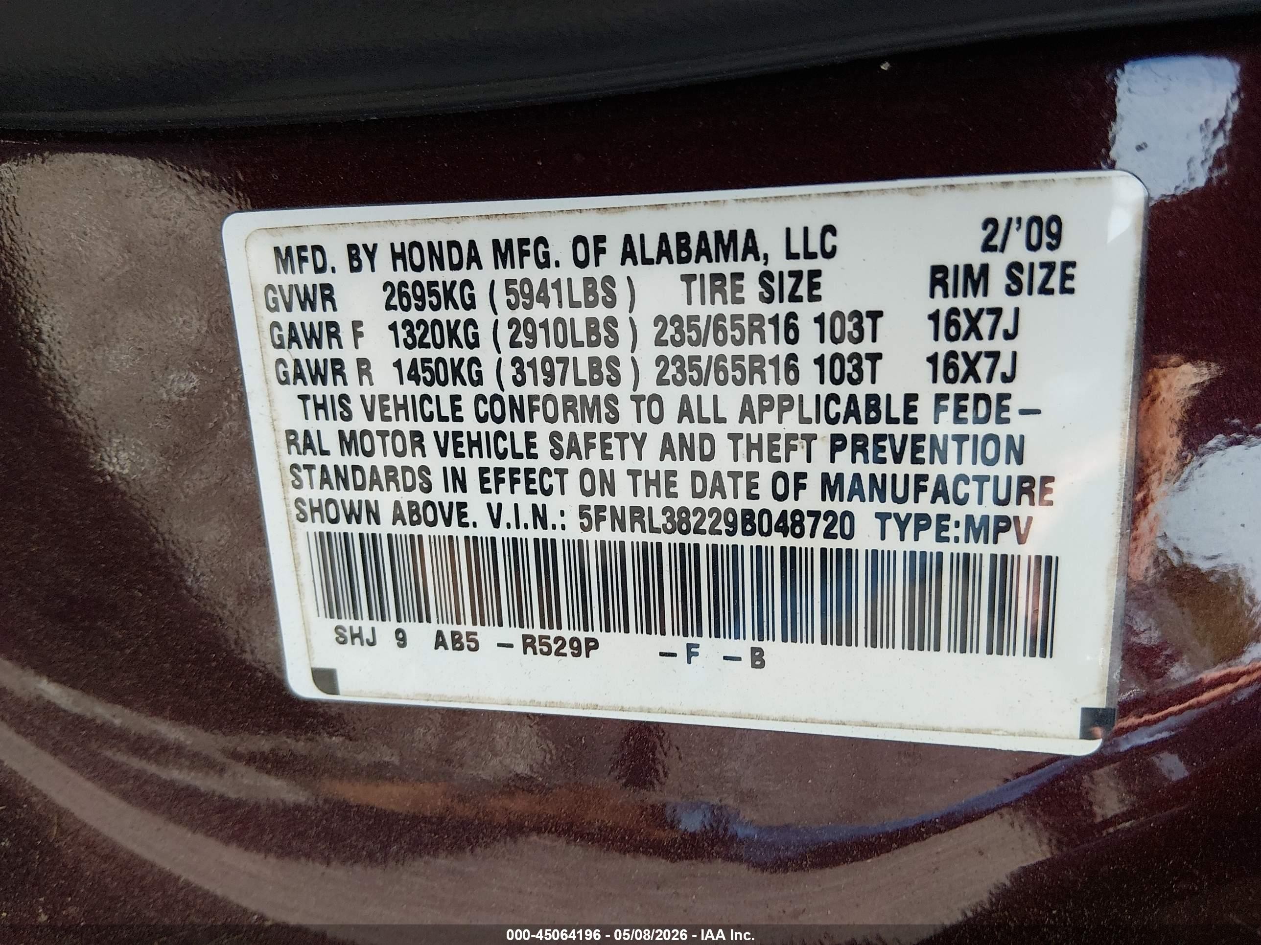 2009 Honda Odyssey Lx Burgundy vin: 5FNRL38229B048720