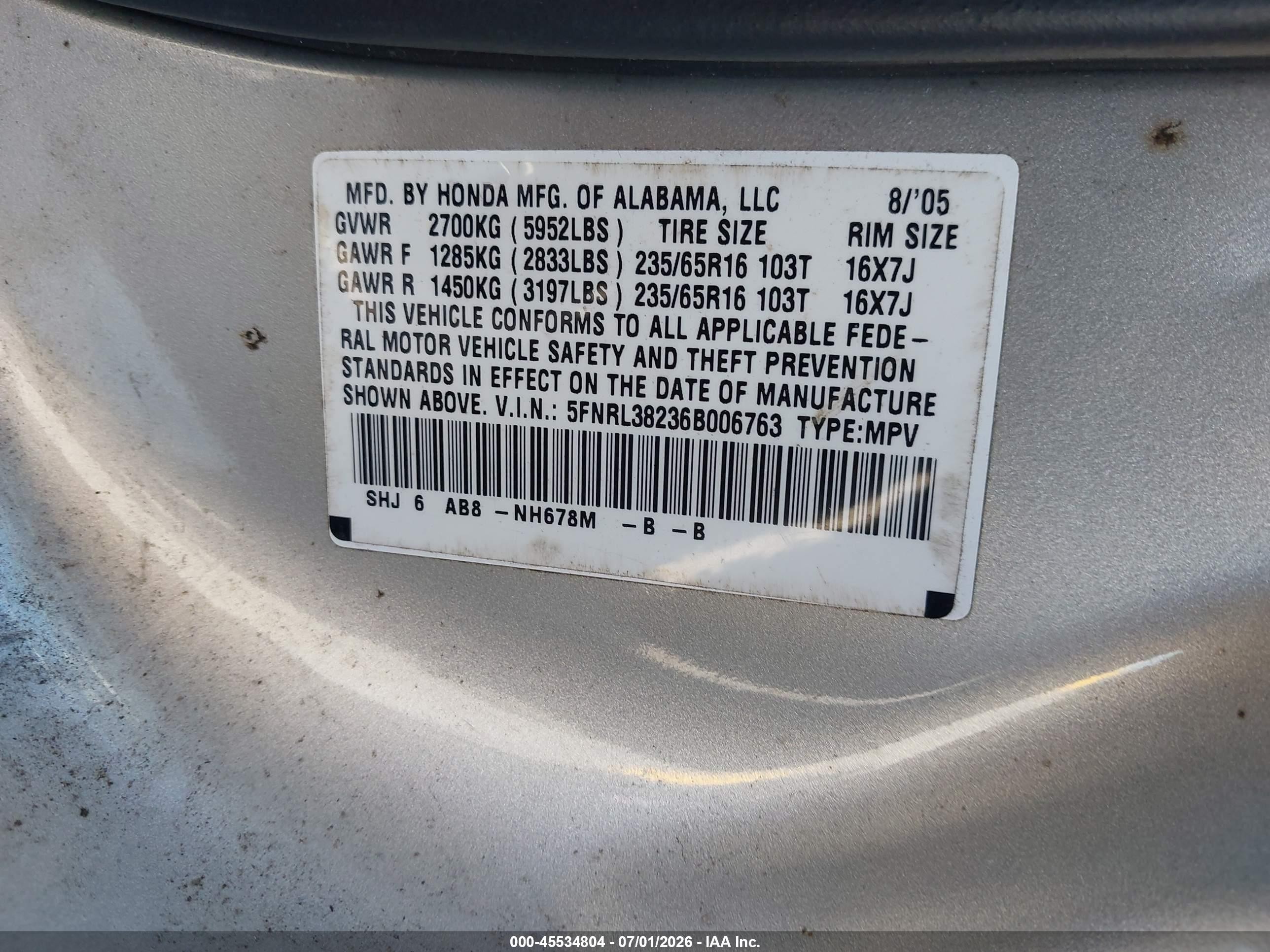 2006 Honda Odyssey Lx Silver vin: 5FNRL38236B006763