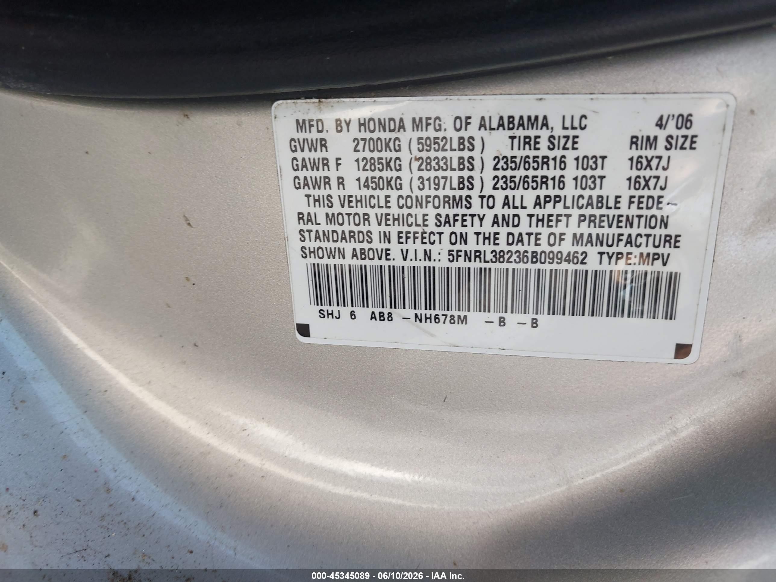 2006 Honda Odyssey Lx Silver vin: 5FNRL38236B099462