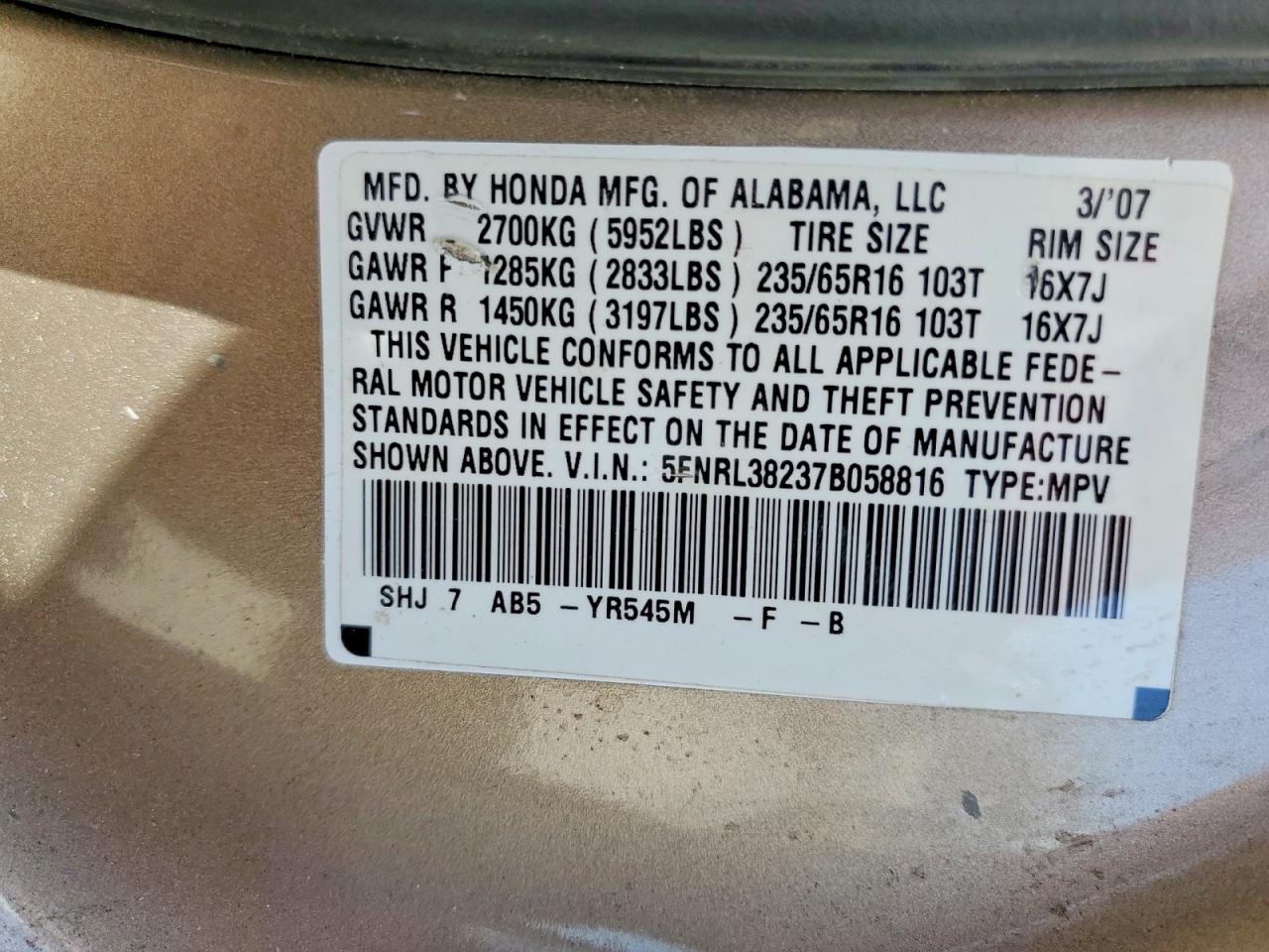 2007 Honda Odyssey Lx Gold vin: 5FNRL38237B058816