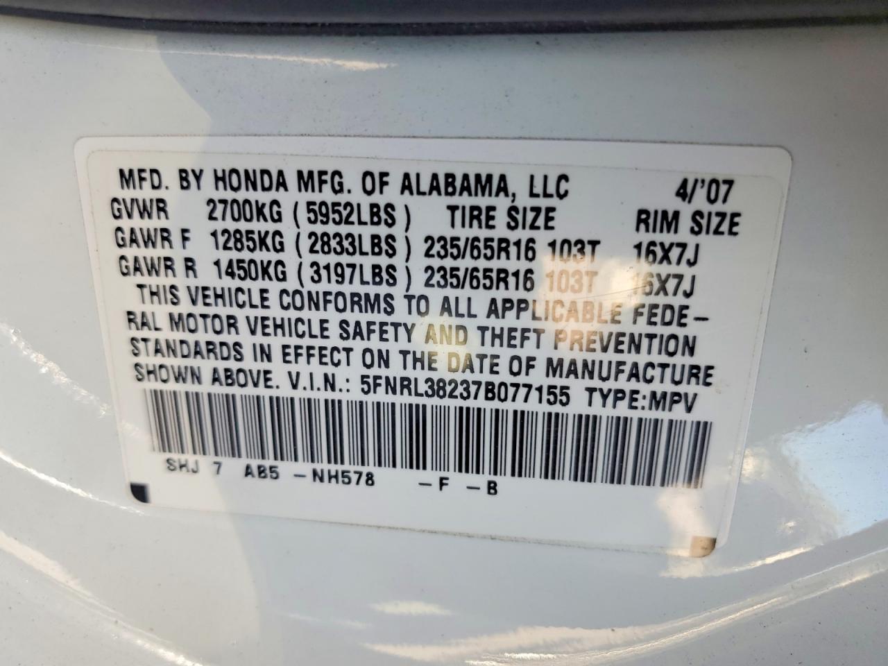 2007 Honda Odyssey Lx White vin: 5FNRL38237B077155