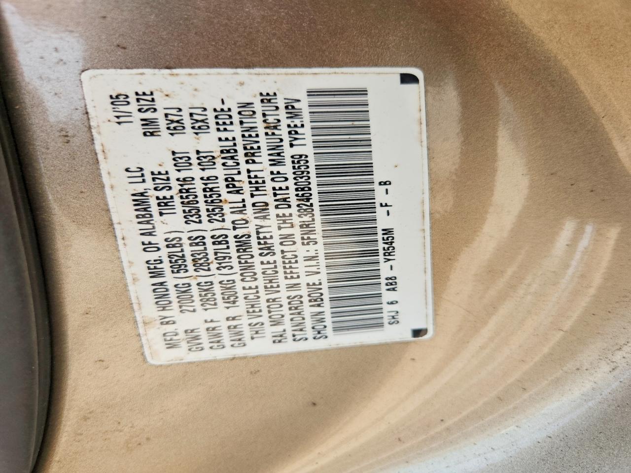 2006 Honda Odyssey Lx Gold vin: 5FNRL38246B039559