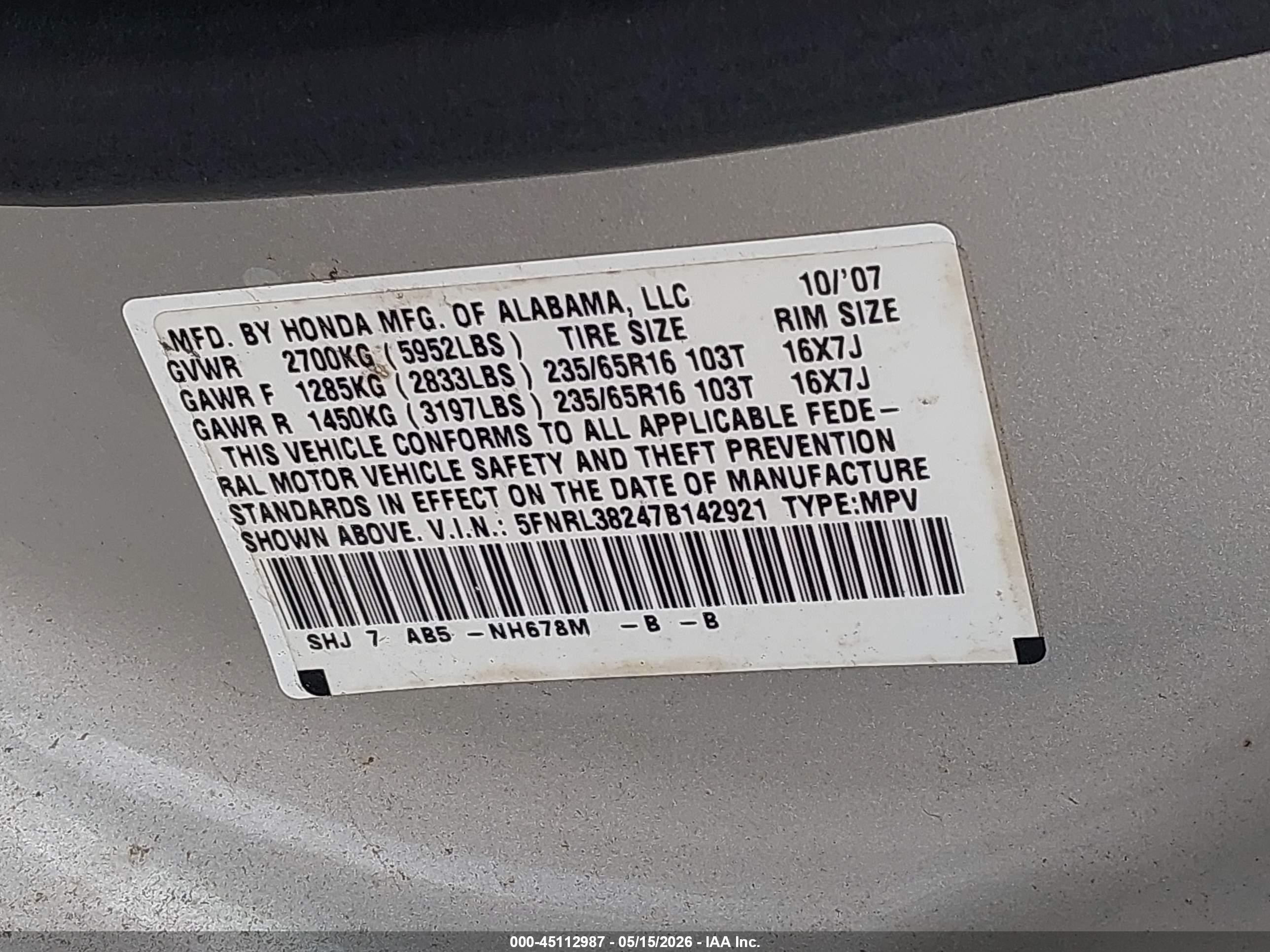 2007 Honda Odyssey Lx Серебряный vin: 5FNRL38247B142921