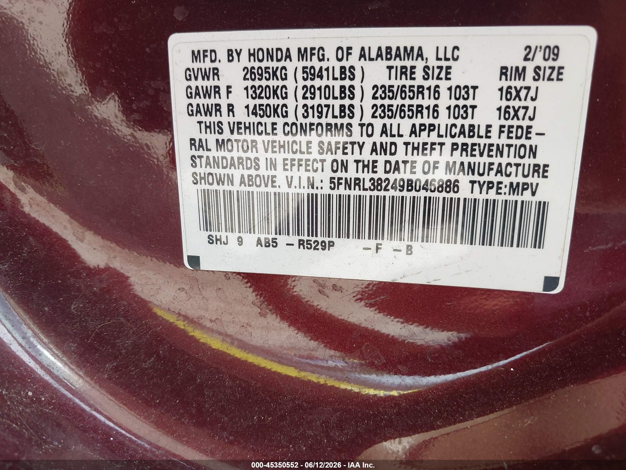 2009 Honda Odyssey Lx Burgundy vin: 5FNRL38249B046886