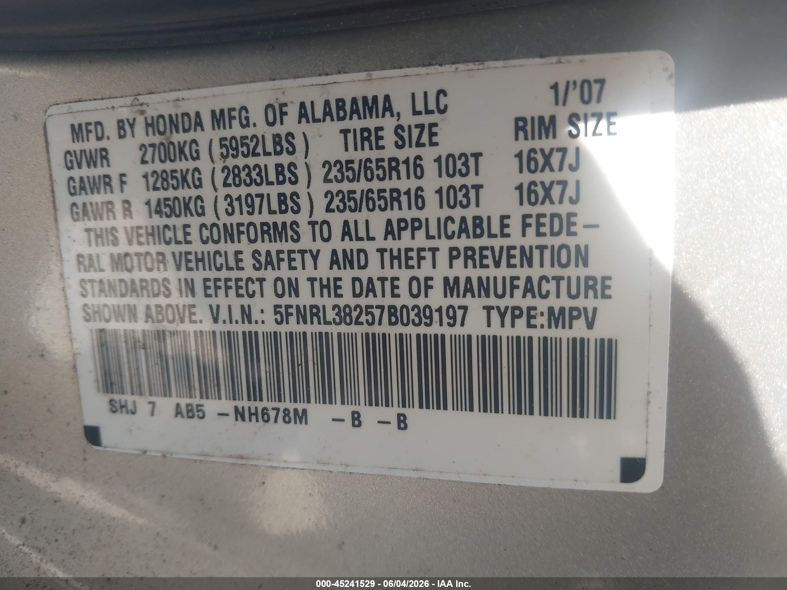2007 Honda Odyssey Lx Silver vin: 5FNRL38257B039197