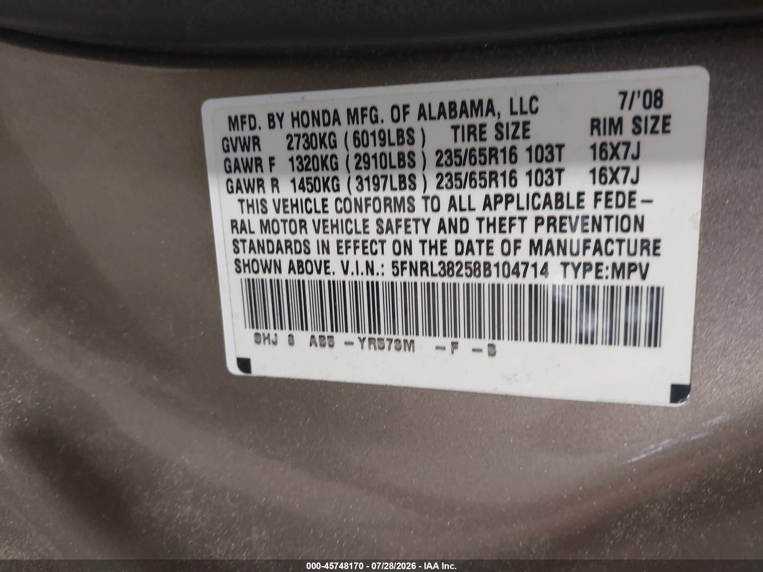 2008 Honda Odyssey Lx Beige vin: 5FNRL38258B104714
