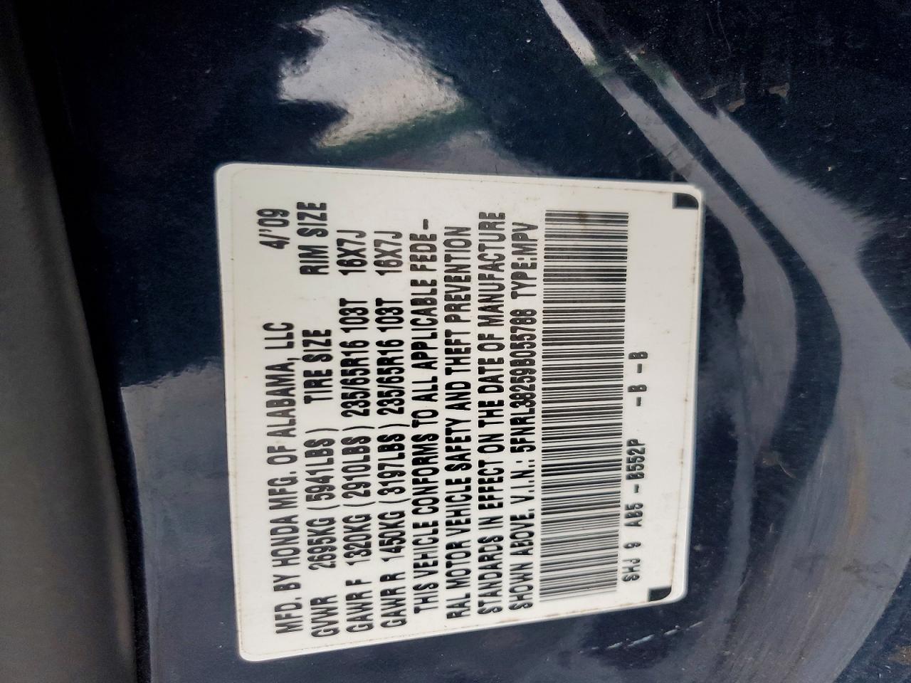 2009 Honda Odyssey Lx Blue vin: 5FNRL38259B055788