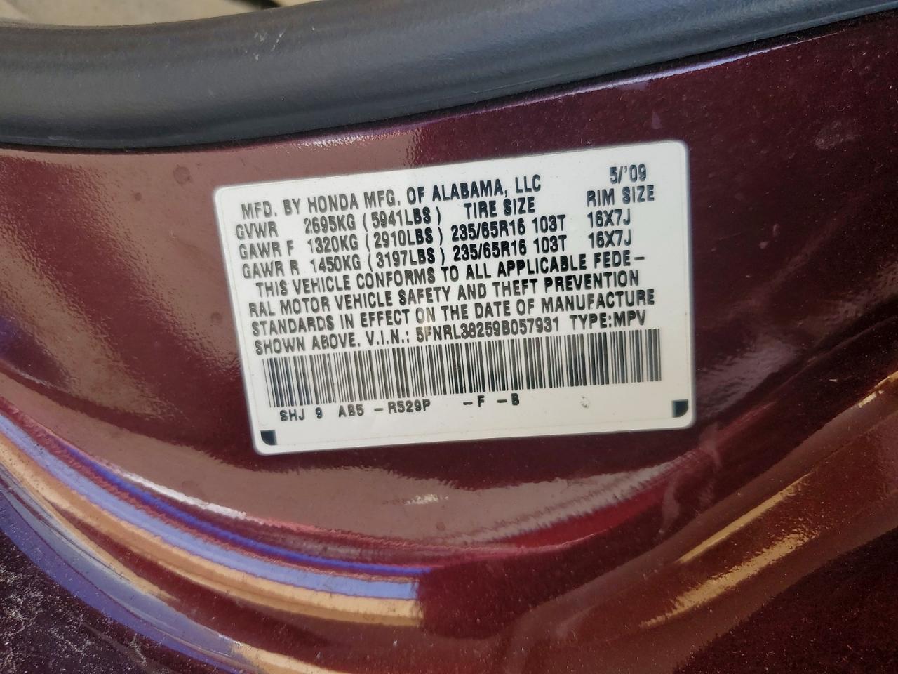 2009 Honda Odyssey Lx Maroon vin: 5FNRL38259B057931