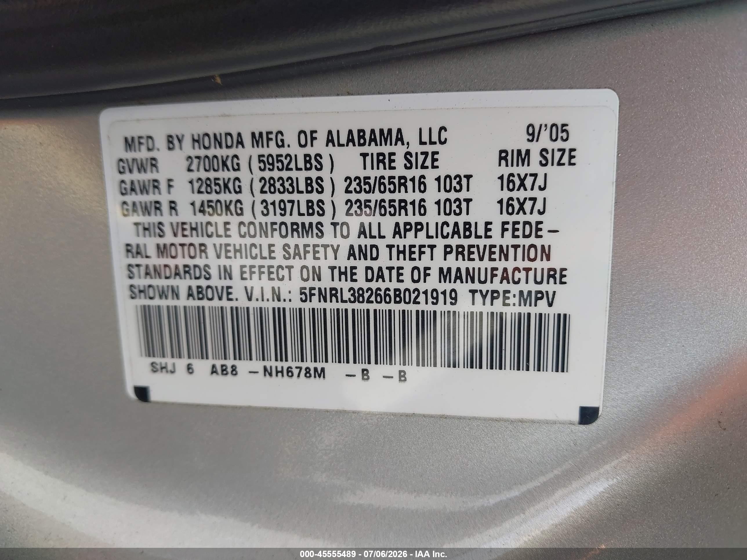 2006 Honda Odyssey Lx Silver vin: 5FNRL38266B021919