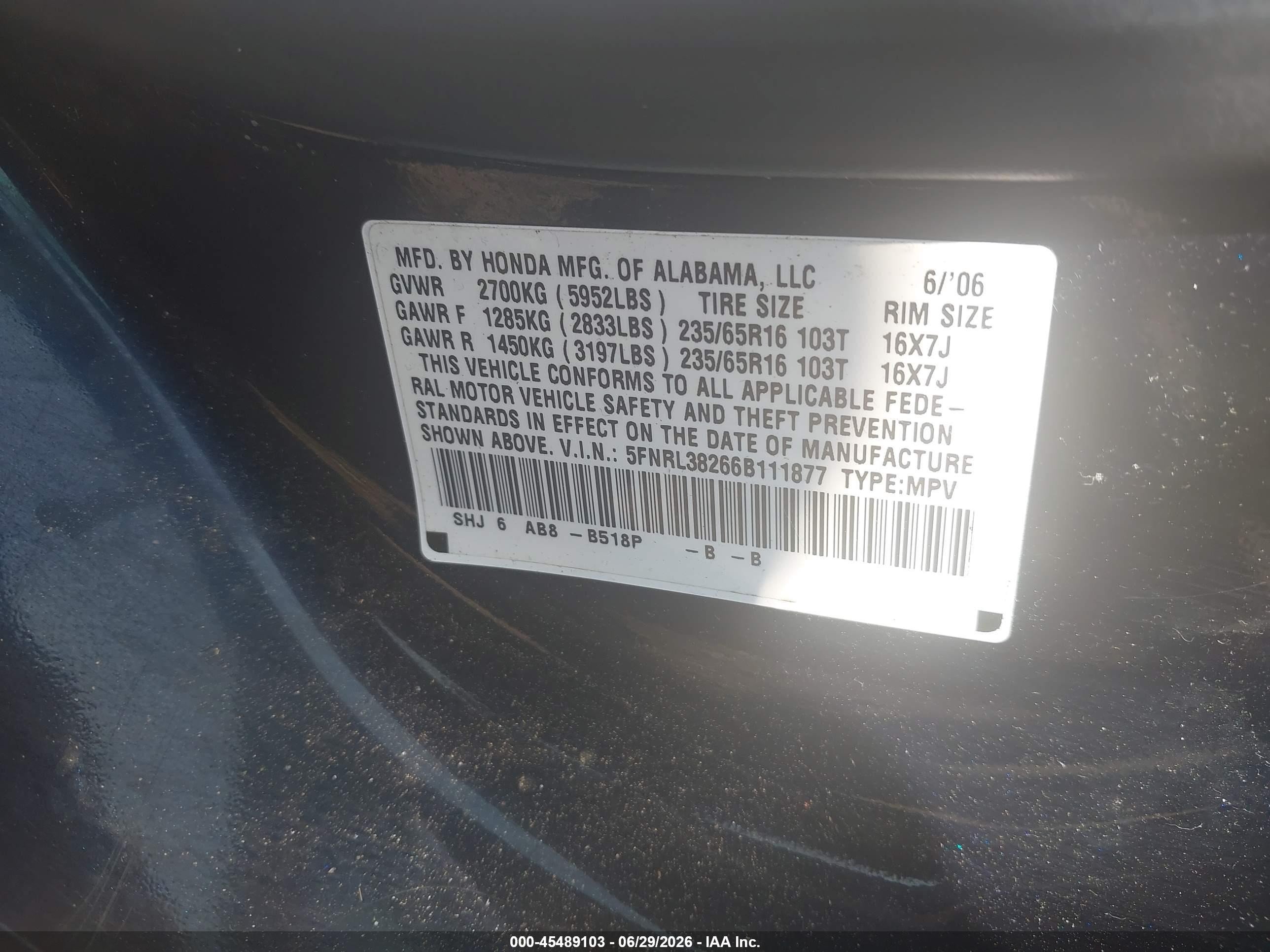 2006 Honda Odyssey Lx Blue vin: 5FNRL38266B111877