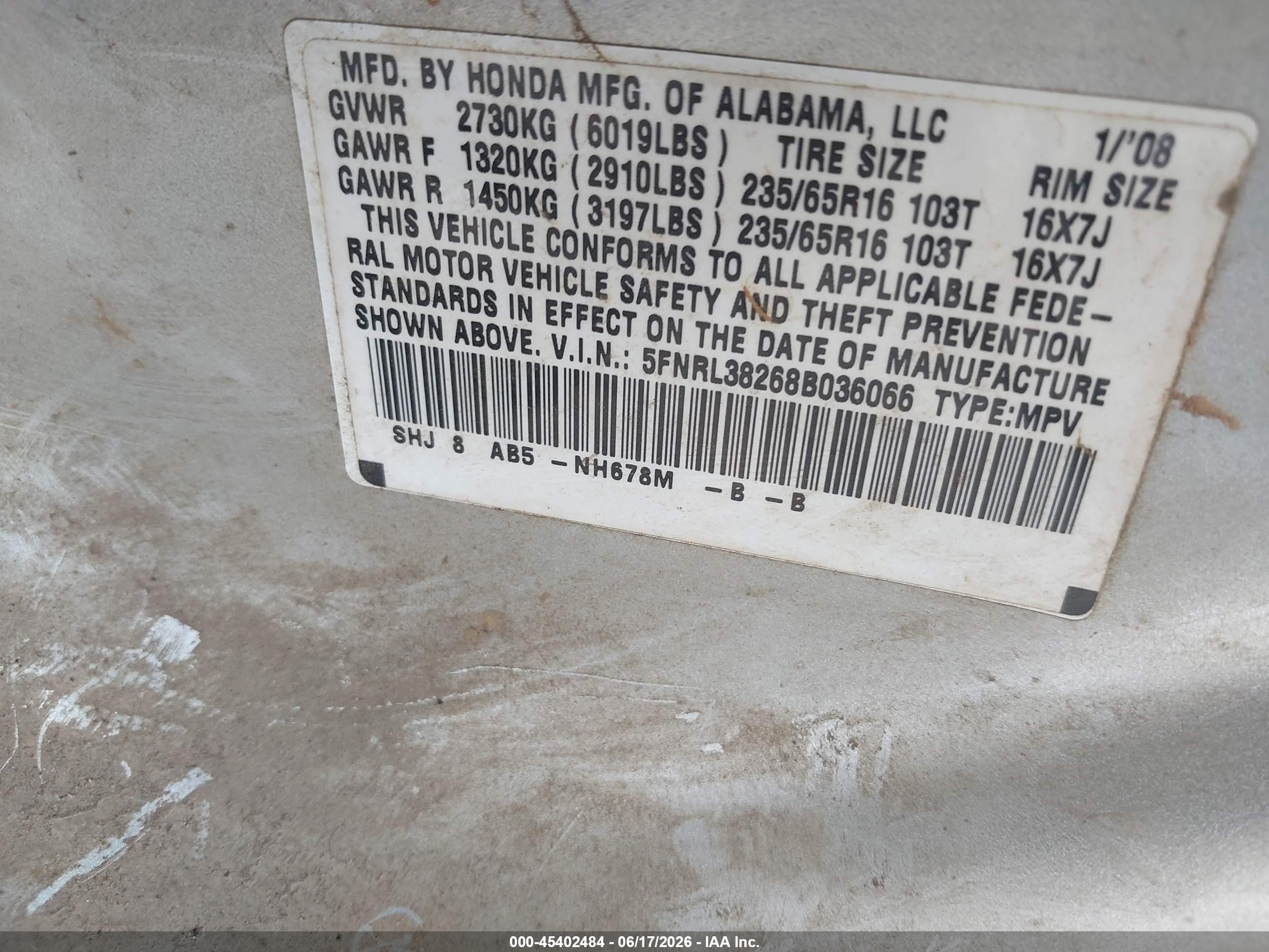 2008 Honda Odyssey Lx Silver vin: 5FNRL38268B036066