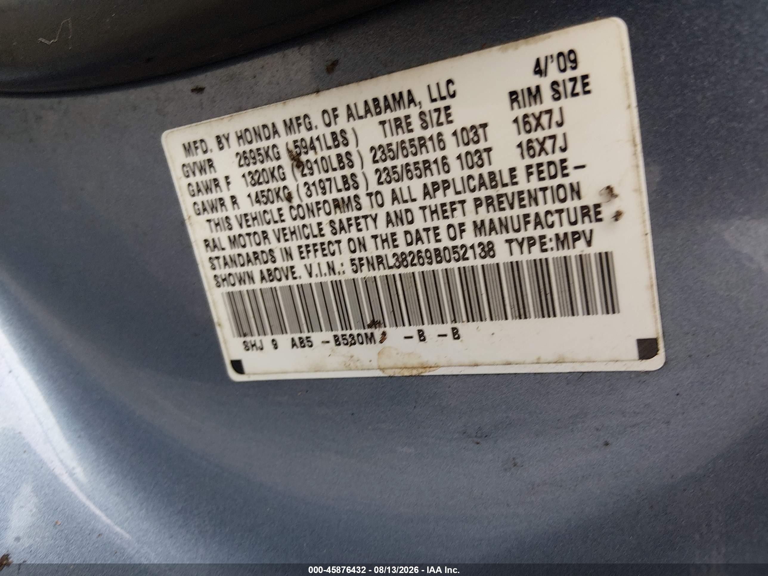 2009 Honda Odyssey Lx Blue vin: 5FNRL38269B052138