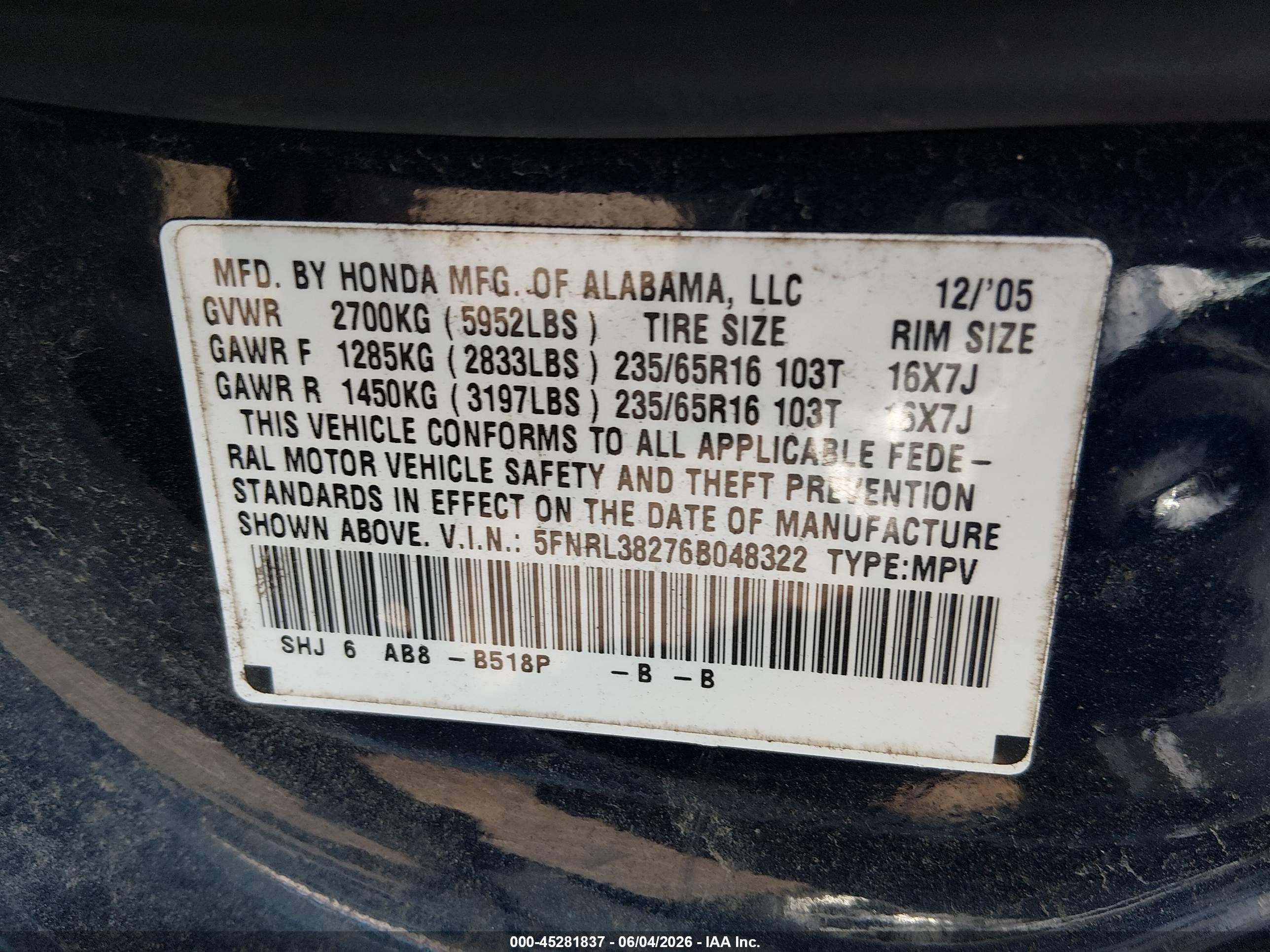 2006 Honda Odyssey Lx Blue vin: 5FNRL38276B048322