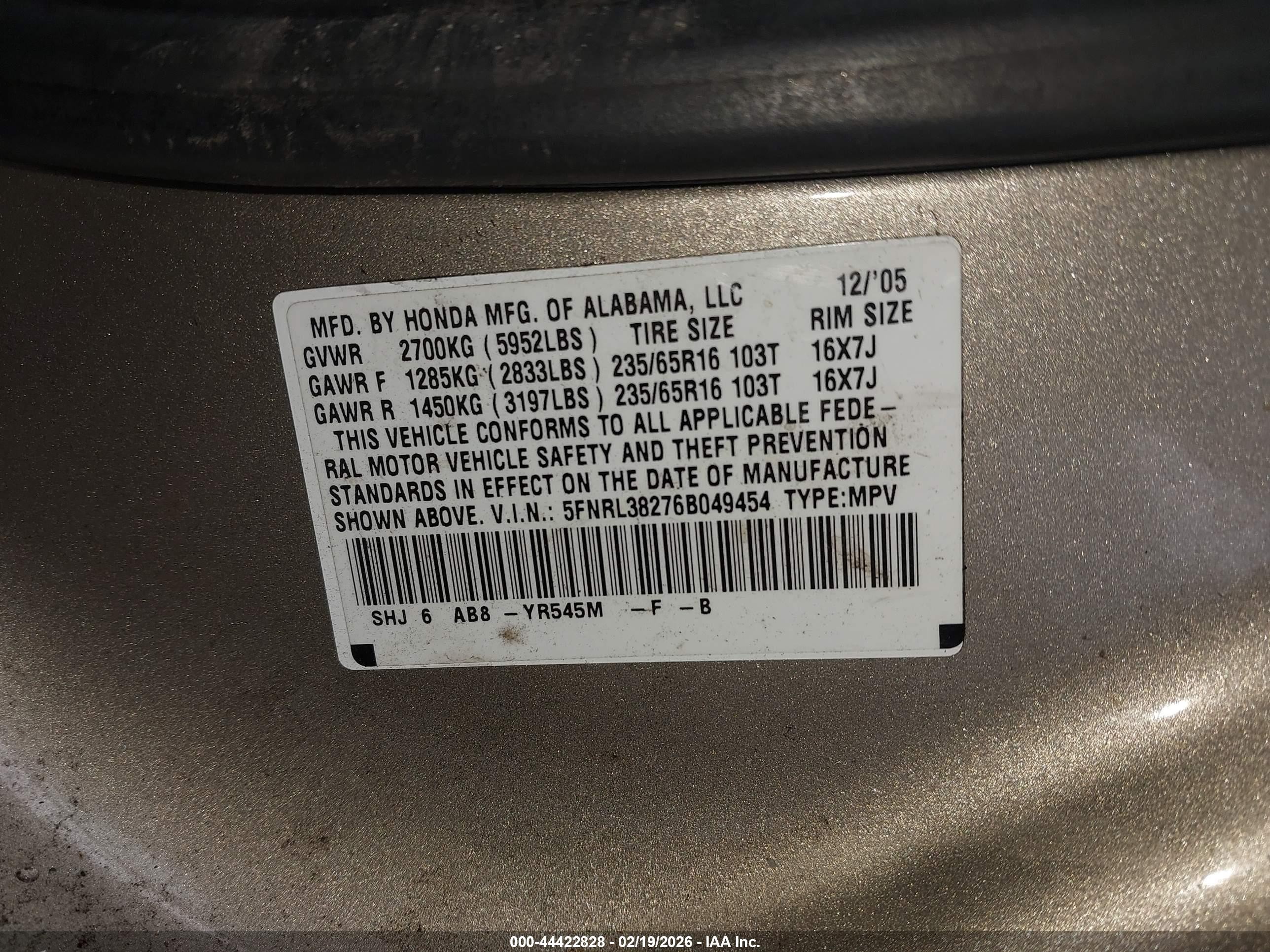 2006 Honda Odyssey Lx Золотой vin: 5FNRL38276B049454