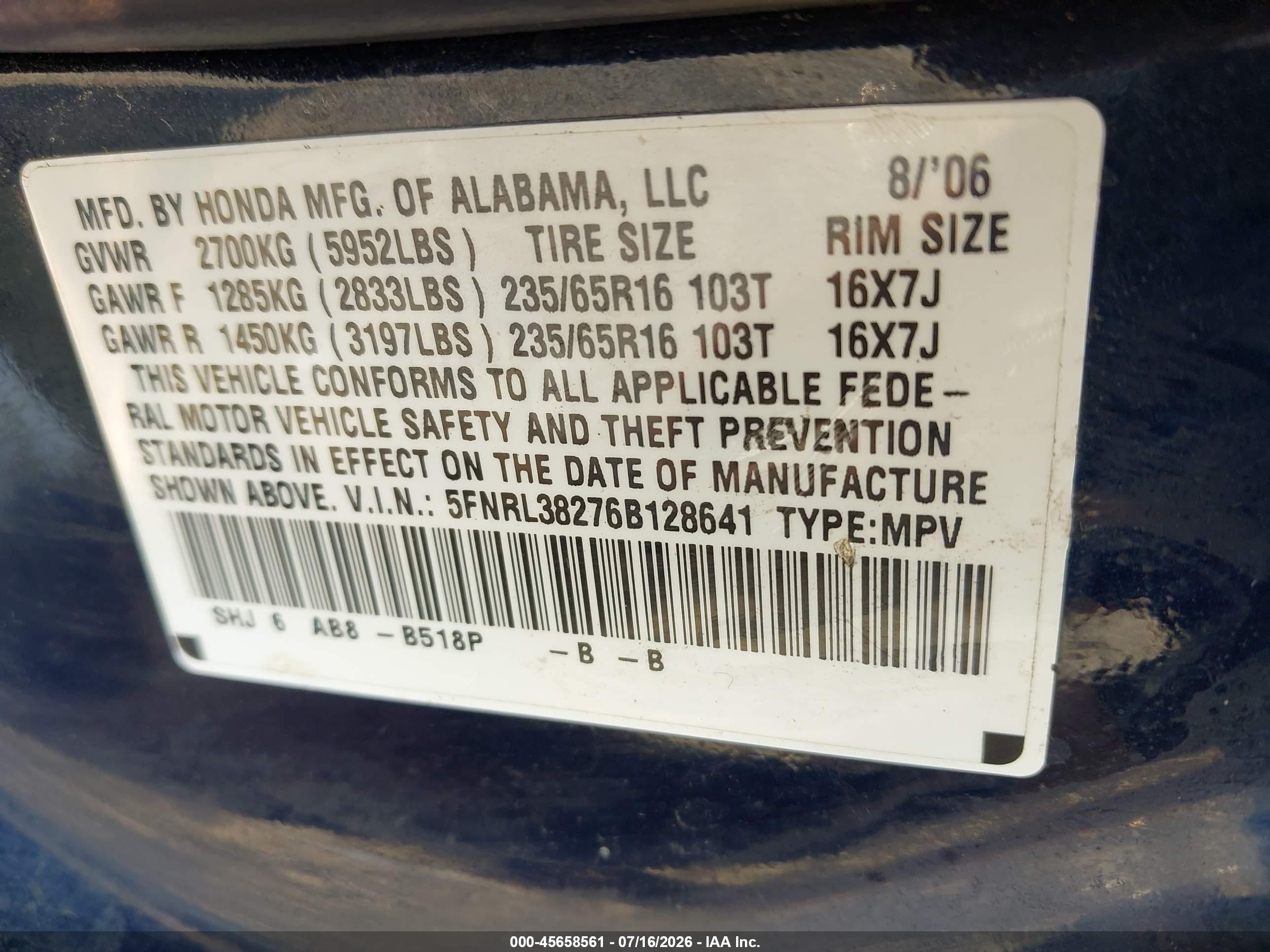 2006 Honda Odyssey Lx Blue vin: 5FNRL38276B128641
