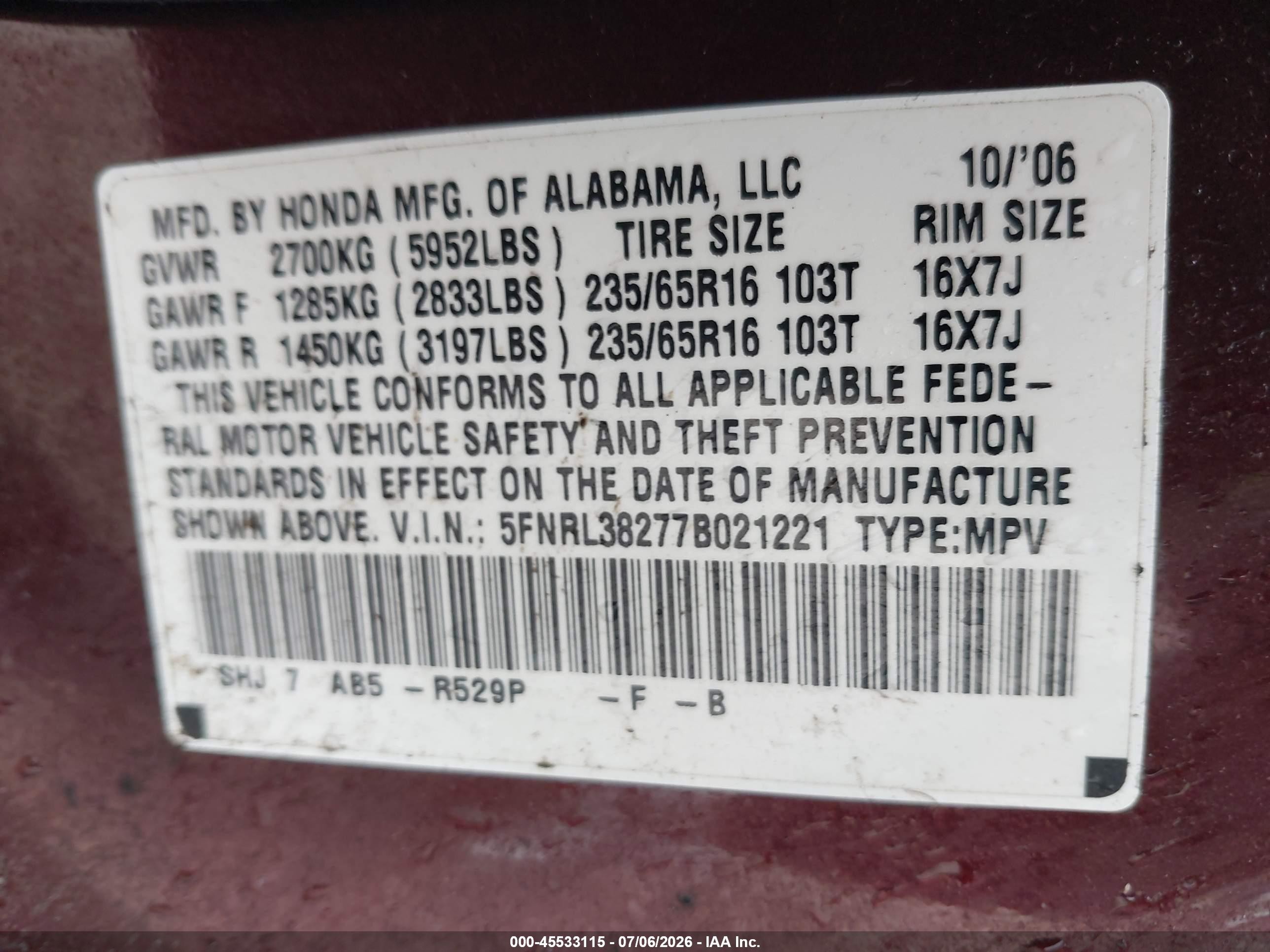 2007 Honda Odyssey Lx Orange vin: 5FNRL38277B021221