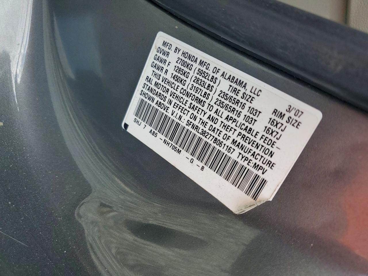 2007 Honda Odyssey Lx Gray vin: 5FNRL38277B061167