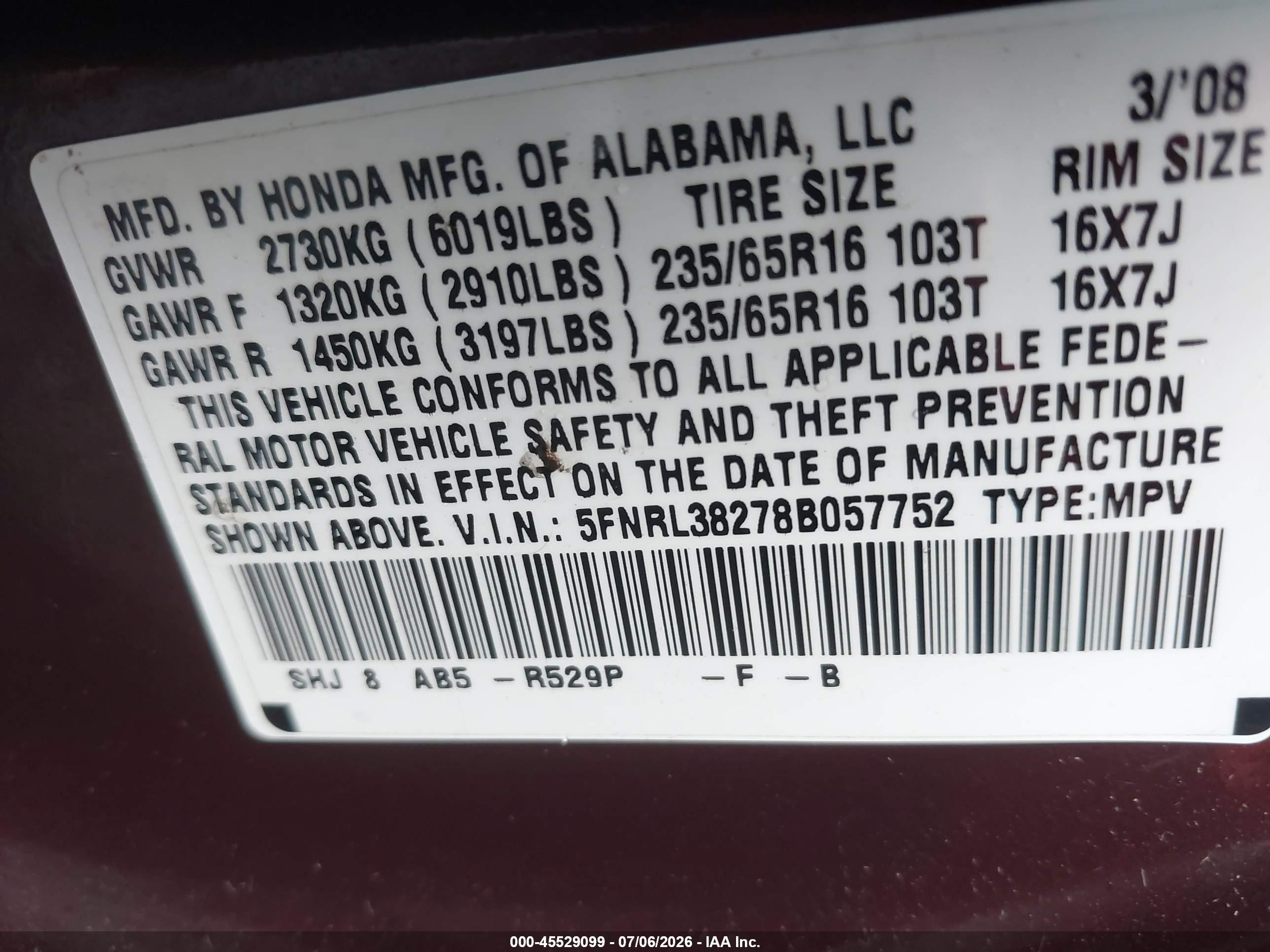 2008 Honda Odyssey Lx Burgundy vin: 5FNRL38278B057752