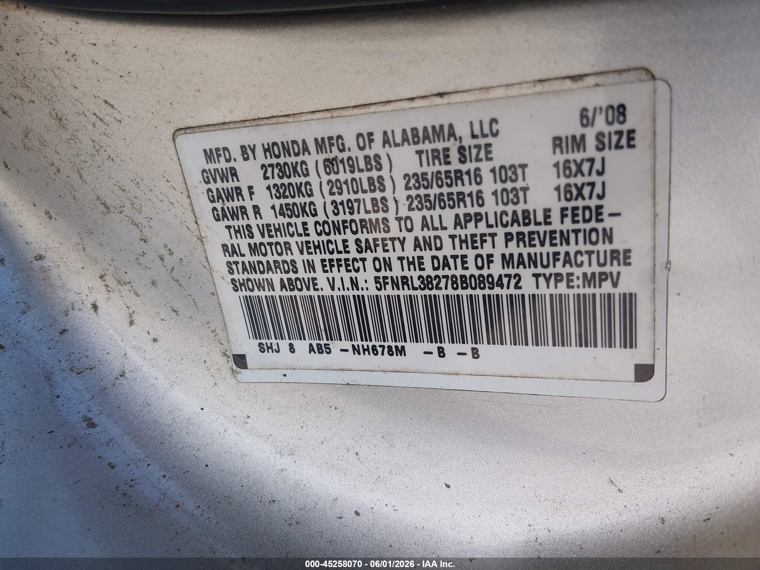 2008 Honda Odyssey Lx Серебряный vin: 5FNRL38278B089472