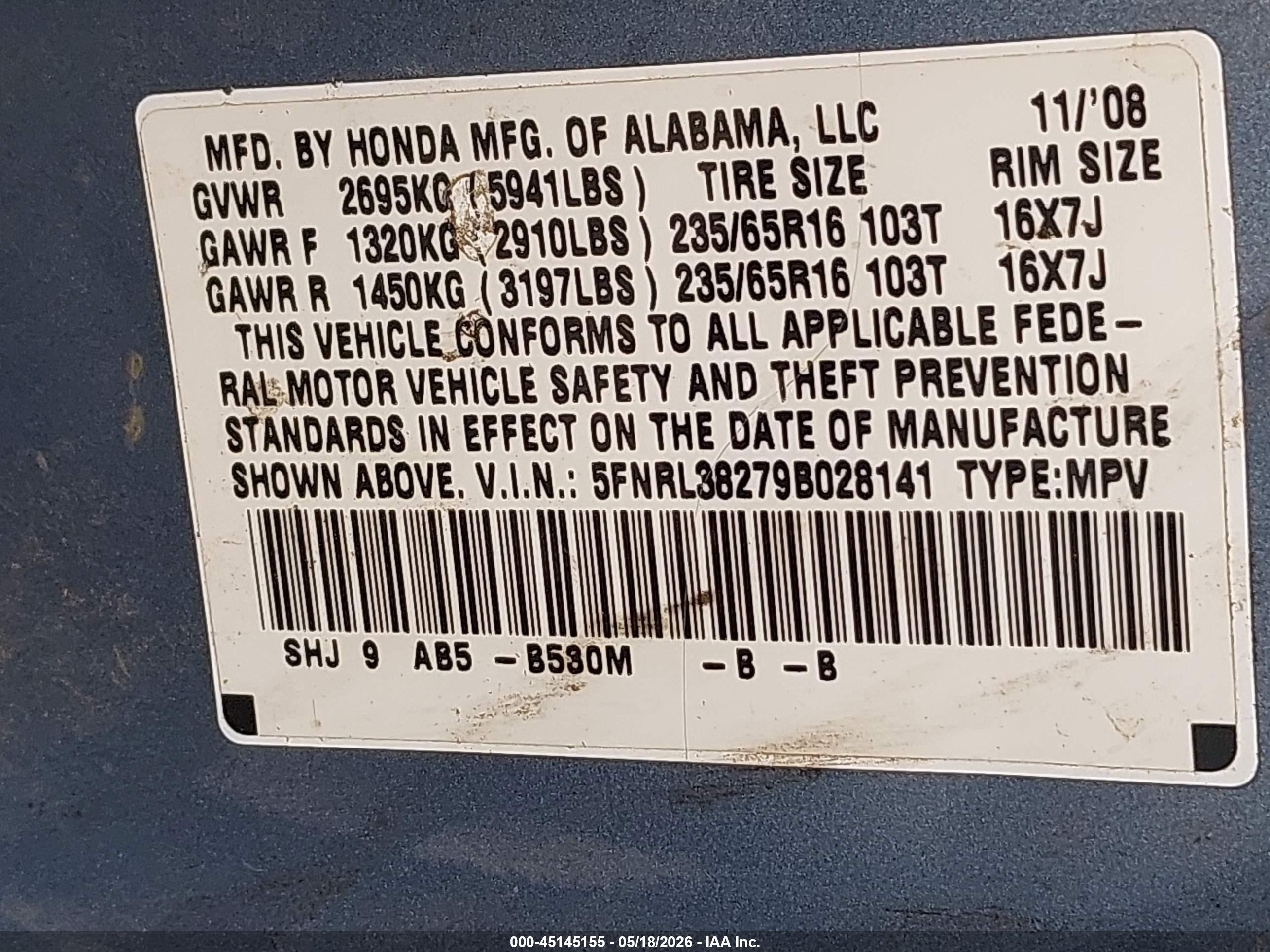 2009 Honda Odyssey Lx Синий vin: 5FNRL38279B028141