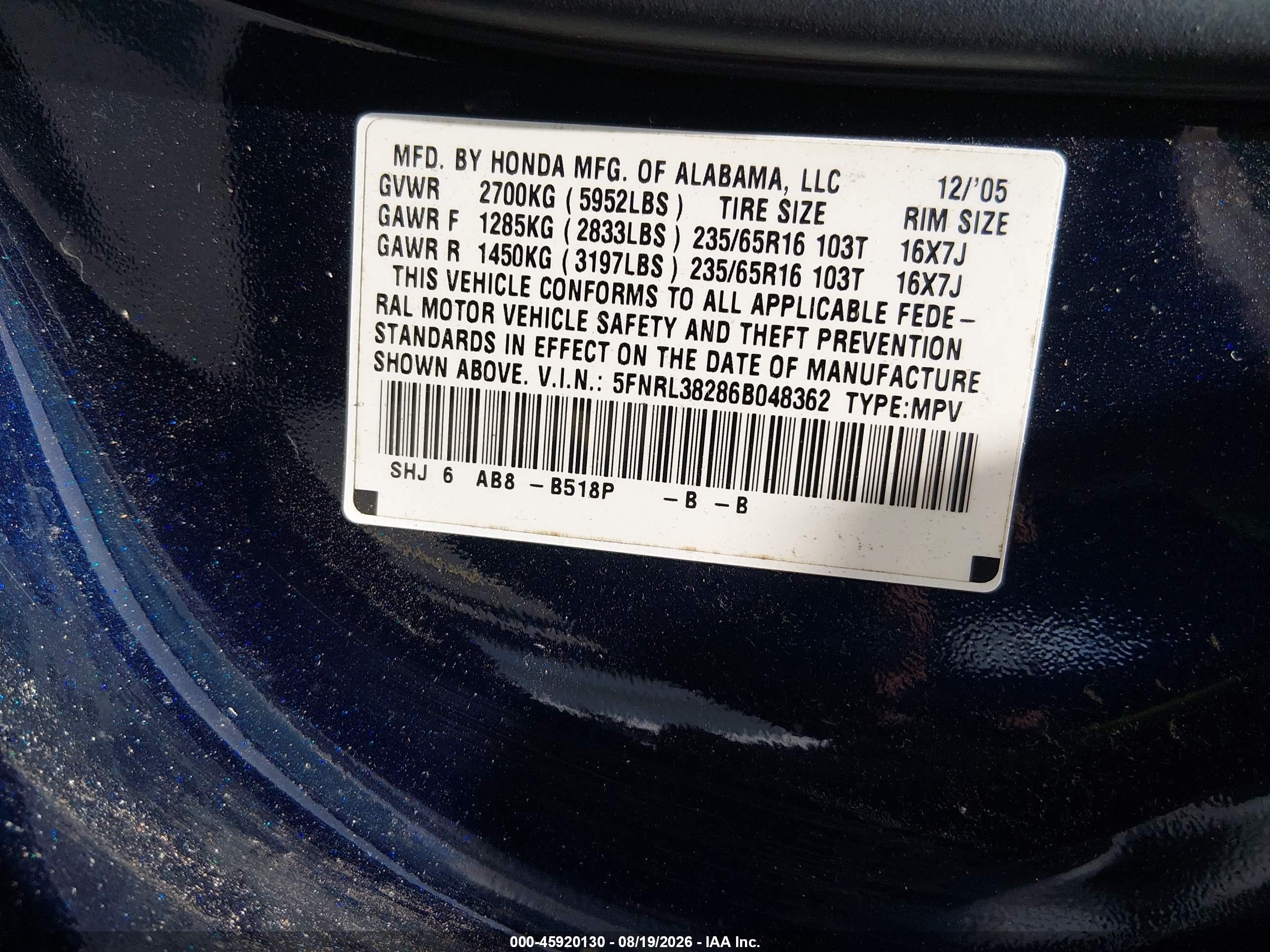 2006 Honda Odyssey Lx Blue vin: 5FNRL38286B048362