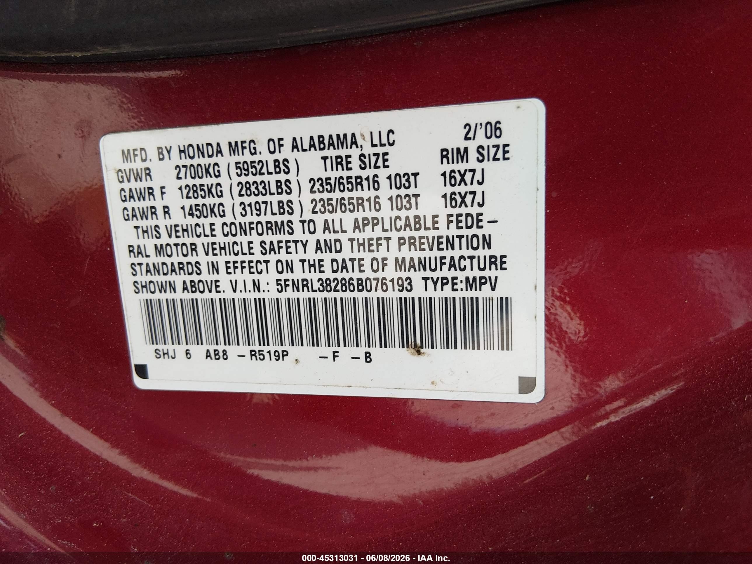 2006 Honda Odyssey Lx Red vin: 5FNRL38286B076193